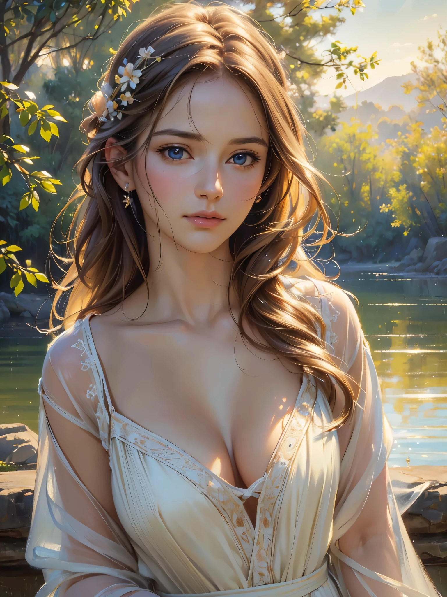 (best quality,4k,8k,highres,masterpiece:1.2),ultra-detailed,(realistic,photorealistic,photo-realistic:1.37),vivid colors,soft lighting,flowing hair,delicate features,serene expression,elegant posture,gentle breeze,gentle sunlight,portrait,oil painting
