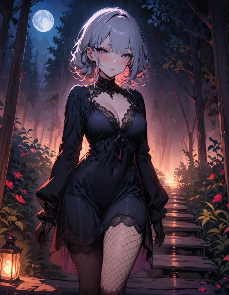 ((SFW)), (masterpiece, best quality, highres), night, full moon, 1 adult female, solo, nighttime, forest, wooden path, standing, standing on a wooden path, ((comfortable night gown)), long silver hair, pale pink lips, Fishnet tights, blush, three bangs, lace gloves, grey eyes, facial details, beautiful eyes, eyes full of details), 