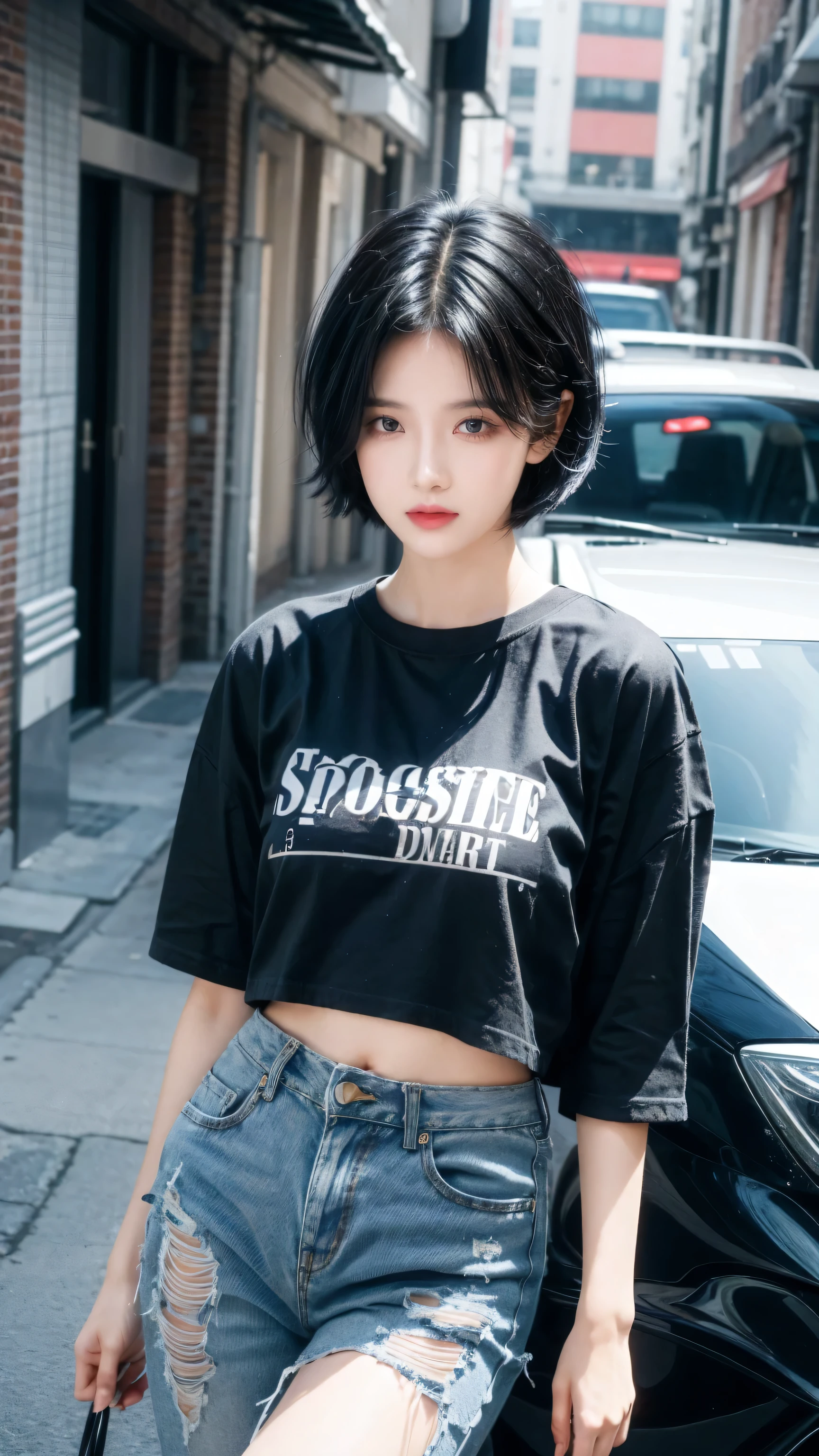 best quality, 1 Girl, dark blue hair, black eyes, Very short hair, Spiky hair, oversize t-shirt black, High waist short jeans, 171 cm, Messy hair, Hair between the eyes, Medium breasts, full, Tomboy, aldult, 20 years old, 1 Girl