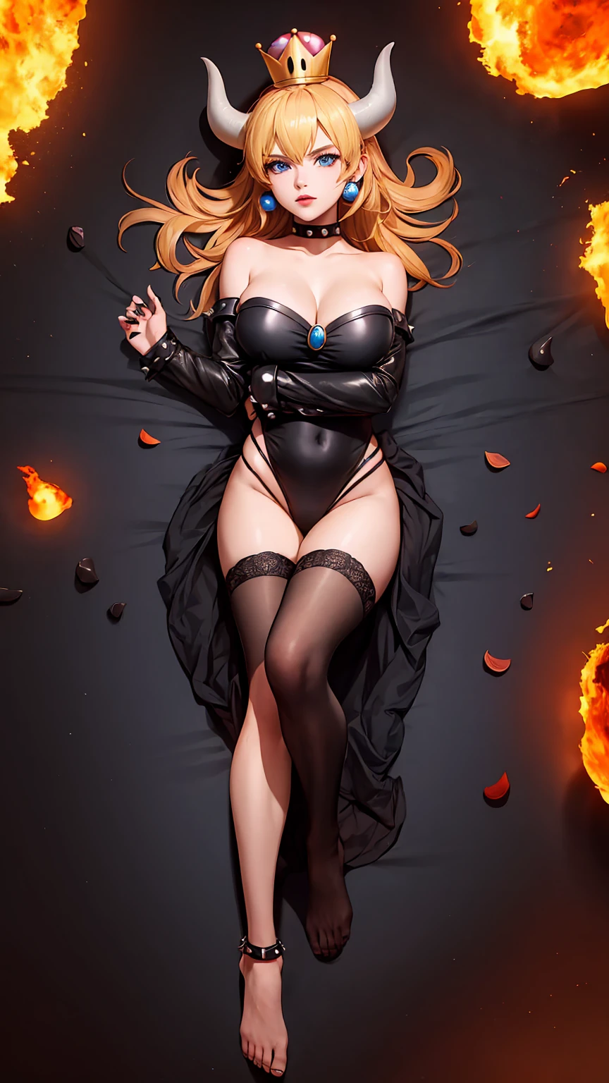 ((high detailed, best quality, 4k, masterpiece, hd:1.3)), ((best quality)), (((HD))), (((8k))), (ultraDH), (ultra HD), Princess Daisy, blue eyes, BREAK blue eyes, seductive, attractive, smooth anime cg art, 36C breasts, long legs, vivid colors, detailed digital art, slim body, perfect skin, dark blonde hair, long hair, blonde hair, blonde hair, BREAK crown, cleavage, 36C cleavage, looking at viewer, BREAK looking at viewer, extremely detailed face, red santa suit, red santa claus suit, santa claus suit, earrings, gem, dark black makeup lips, dark gothic eyeshadows, dark eyeshadows, black eyeshadows, black sexy lips, black lips, (dark:1.2), dark lips, very dark lips, (perfect hands, perfect anatomy), black makeup, black medium lips, black thick lips, detailed fingers, five fingers per hand, 5 fingers, (1 girl), detailed lips, detailed black lips, black painted lips, gothic painted lips, BREAK night, night sky, (breast focus), (arms outstreched:1.2), (from above:1.1), (breasts out:1.3), (off shoulder:1.1), (white horns), (lingerie), inside a lava castle, she inside a sea of lava, she bathing in lava, full body, perfect long legs, perfect foots, legs and foots into the lava,
