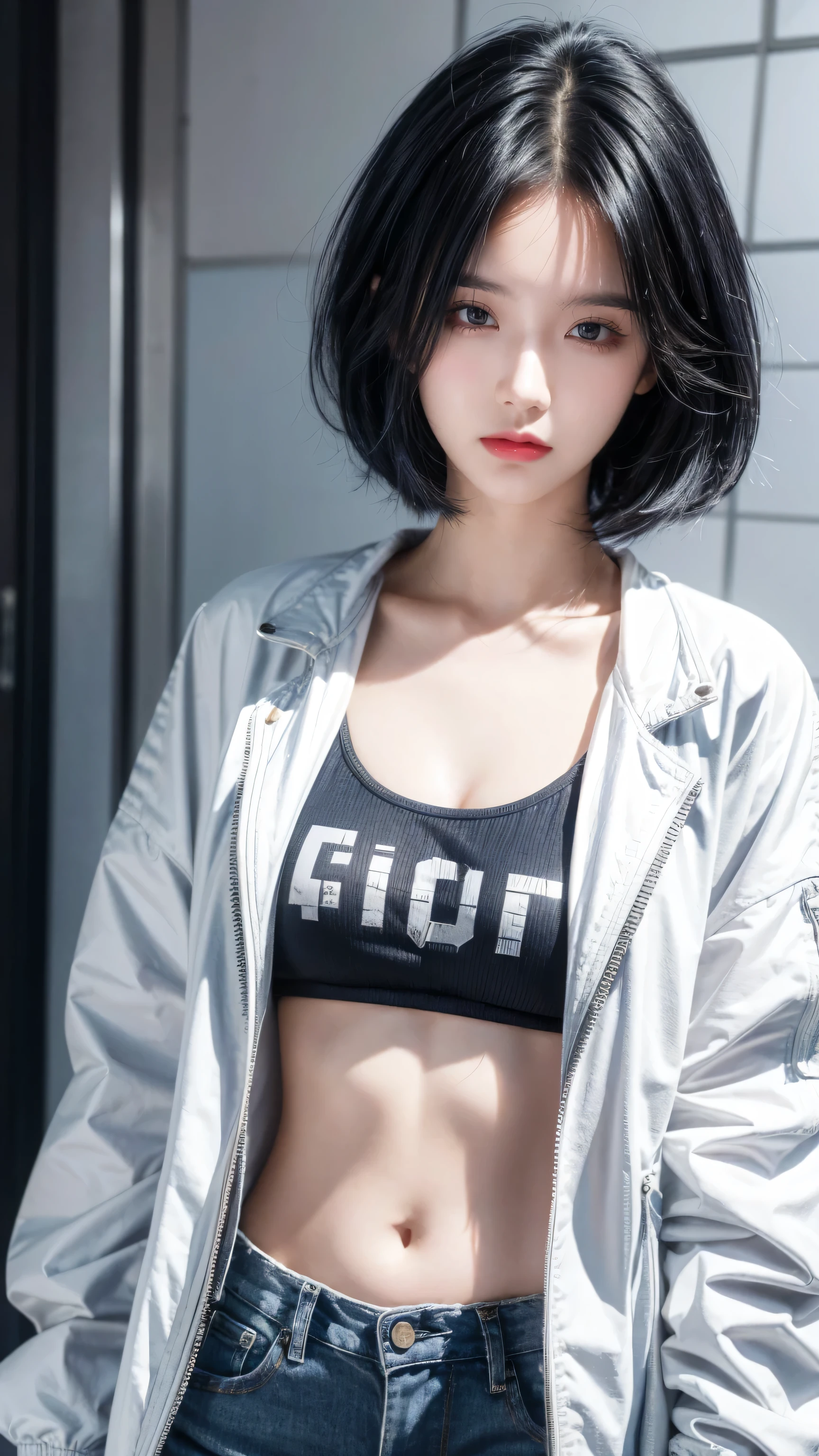 best quality, 1 Girl, dark blue hair, black eyes, Very short hair, Spiky hair, oversize t-shirt, white jacket jeans, High waist short jeans, 171 cm, Messy hair, Hair between the eyes, Medium breasts, full, Tomboy, aldult, 20 years old, 1 Girl