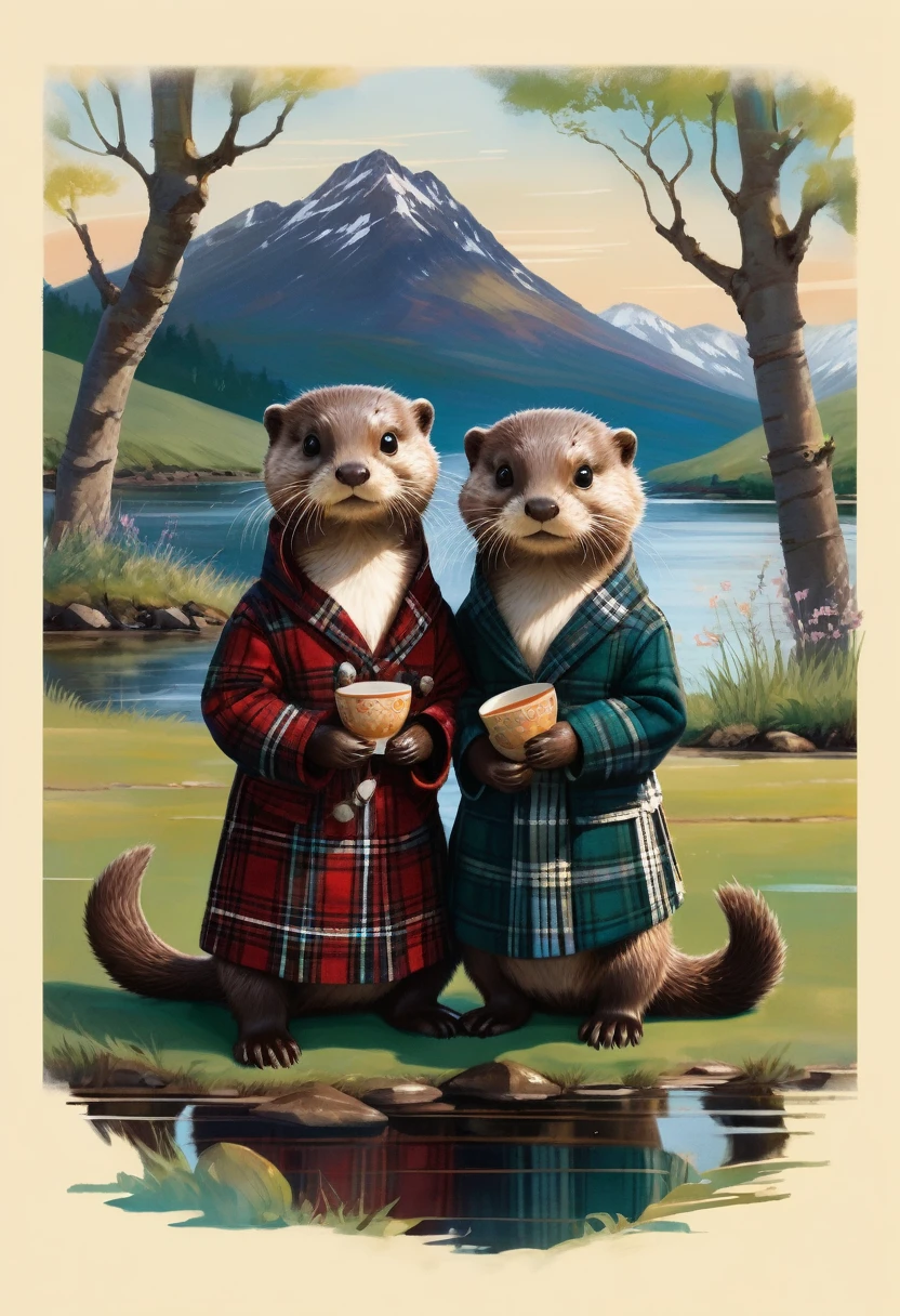 An Otter, Imagine a charming scene featuring a baby otter and a baby girl otter, both wearing Scottish plaid. The baby otter is adorned in a small, traditional kilt with a tartan pattern, matching a tiny sash draped over the baby girl otter's shoulder, which complements her cute, fluffy appearance. They are sitting together on a lush, green meadow by a serene riverbank, surrounded by Scotland's picturesque landscape. The sun is setting, casting a golden glow over the scene, highlighting the vibrant colors of their plaid and the natural beauty around them. This image captures a moment of pure innocence and joy, as the otters play and explore their surroundings, embodying the spirit of Scottish heritage with a whimsical twist.