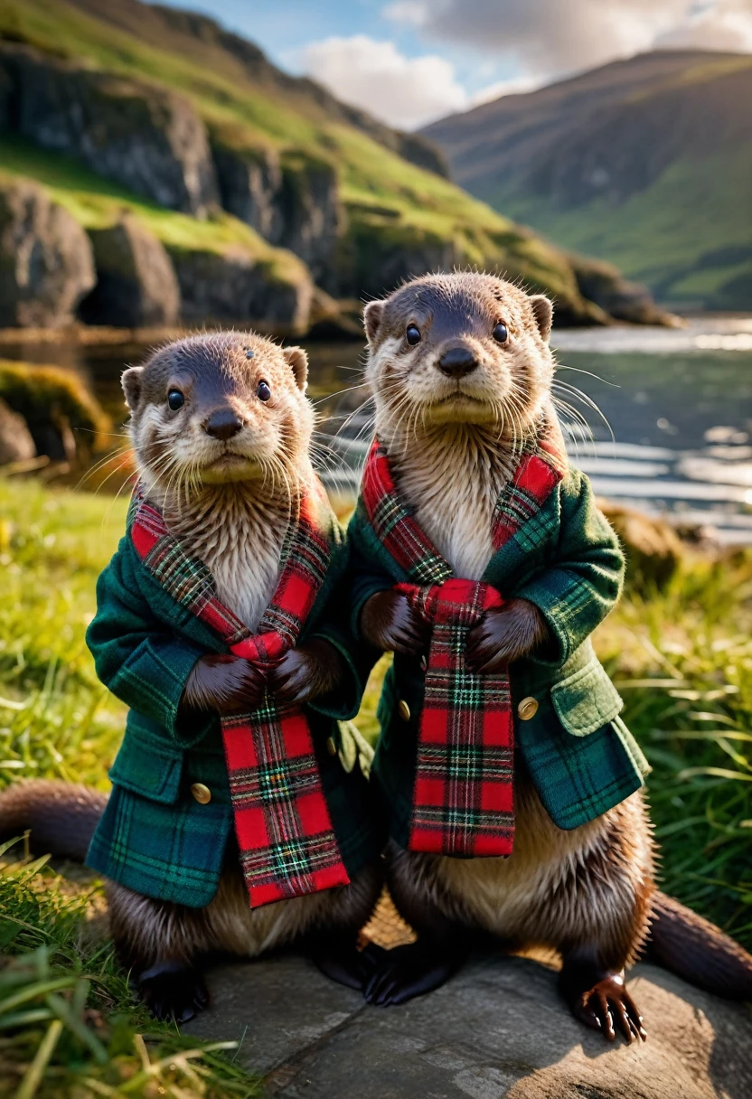 An Otter, Imagine a charming scene featuring a otter and a babyl otter, both wearing Scottish plaid. The baby otts adorned in a small, traditional kilt with a tartan pattern, matching a tiny sash draped over the baby girl ots shoulder, which complements her cute, fluffy appearance. They are sitting together on a lush, green meadow by a serene riverbank, surrounded by Scotland's picturesque landscape. The sun is setting, casting a golden glow over the scene, highlighting the vibrant colors of their plaid and the natural beauty around them. This image captures a moment of pure innocence and joy, as the otters play and explore their surroundings, embodying the spirit of Scottish heritage with a whimsical twist.