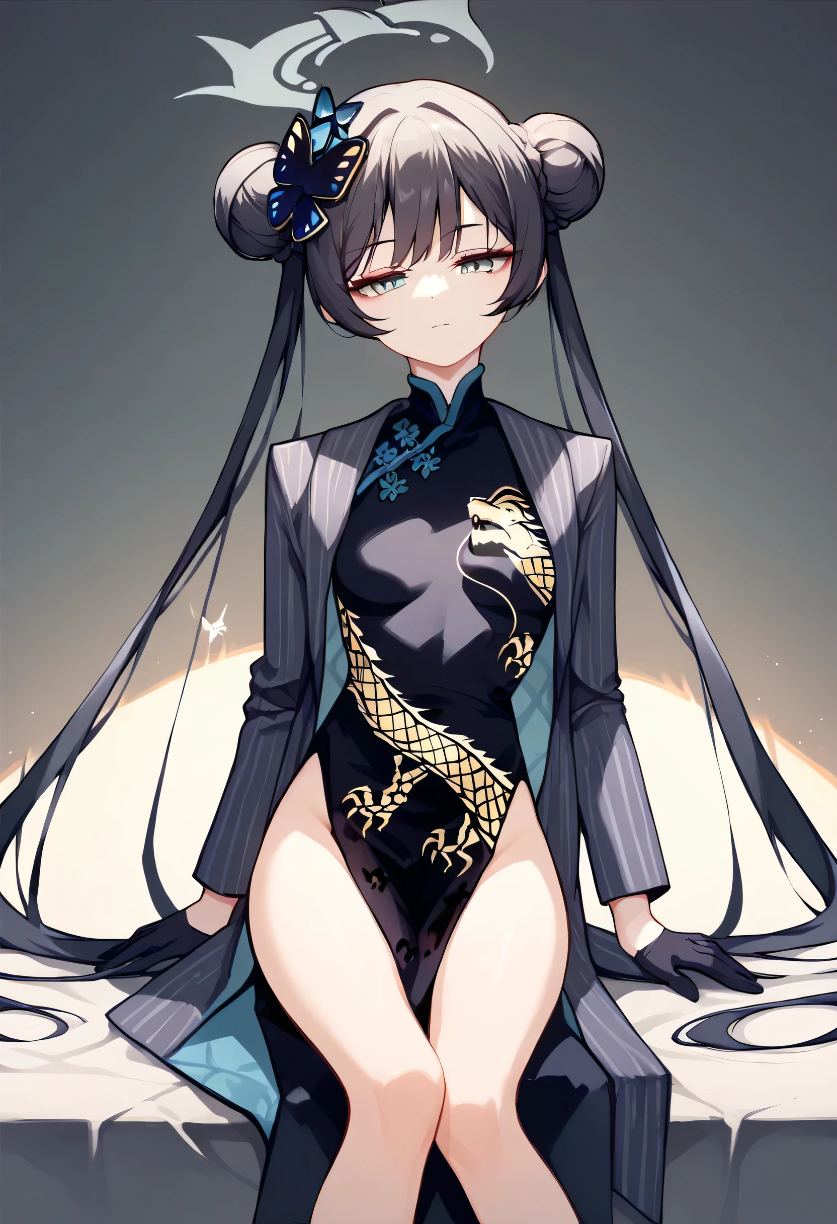 score_9, score_8_up, score_7_up, 1girl, ksak, black hair, double bun, low twintails, hair ornament, china dress, black gloves, open jacket, looking at viewer