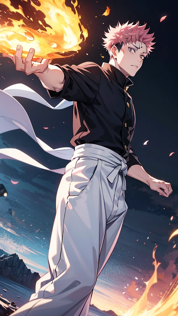 1 man, Itadori Yuji, Jujutsu Kaisen, using fire powers on hands,  muscules in body, Hakama white pants , pink hair, short hair, brown eyes, normal eyes, anime style, cinematographic and vivid paisage, Montains ice


