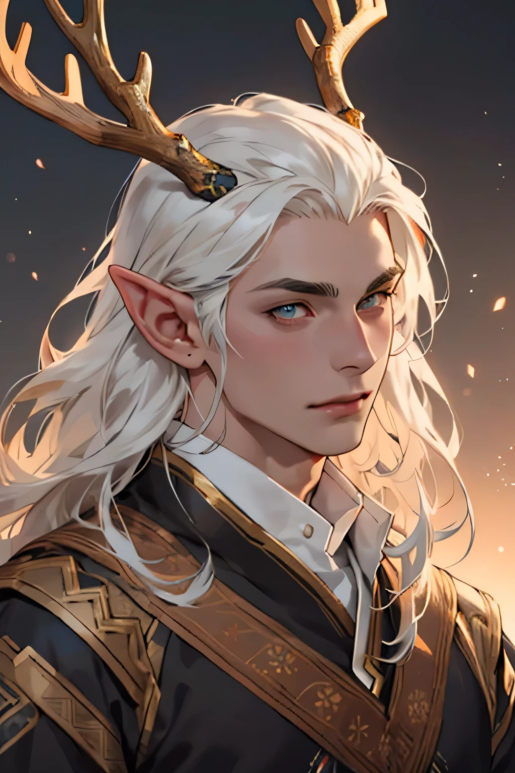 orange skinned Male eladrin with long white hair antlers golden iris