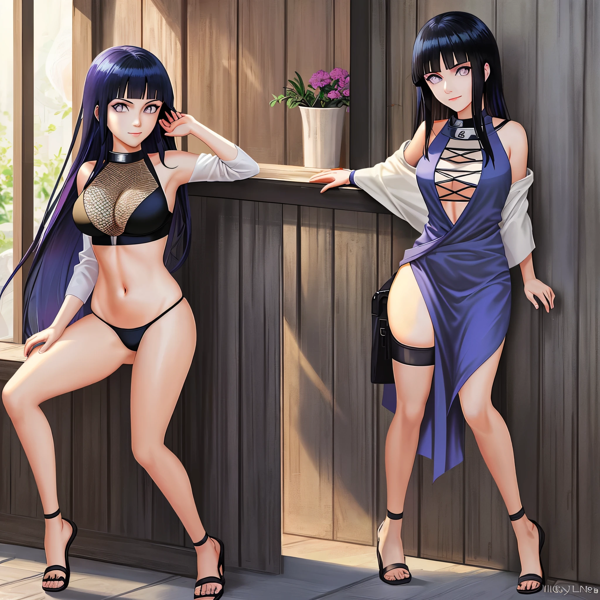 Masterpiece, Ultra-detailed, Hinata Hyuga, Sexy Pose, Detailed Facial Expressions Showing a Confident Smirk and Seductive Eyes, Long, Sleek Hair Casually Tossed Over One Shoulder, Revealing Outfit with a Low-Cut Top and Mini Thong, Alluring Charm Radiating Through Every Line, Sultry Atmosphere Created by Soft Lighting and Vibrant Colors, High-Resolution Artwork Bringing Every Detail to Life in Anime Style.