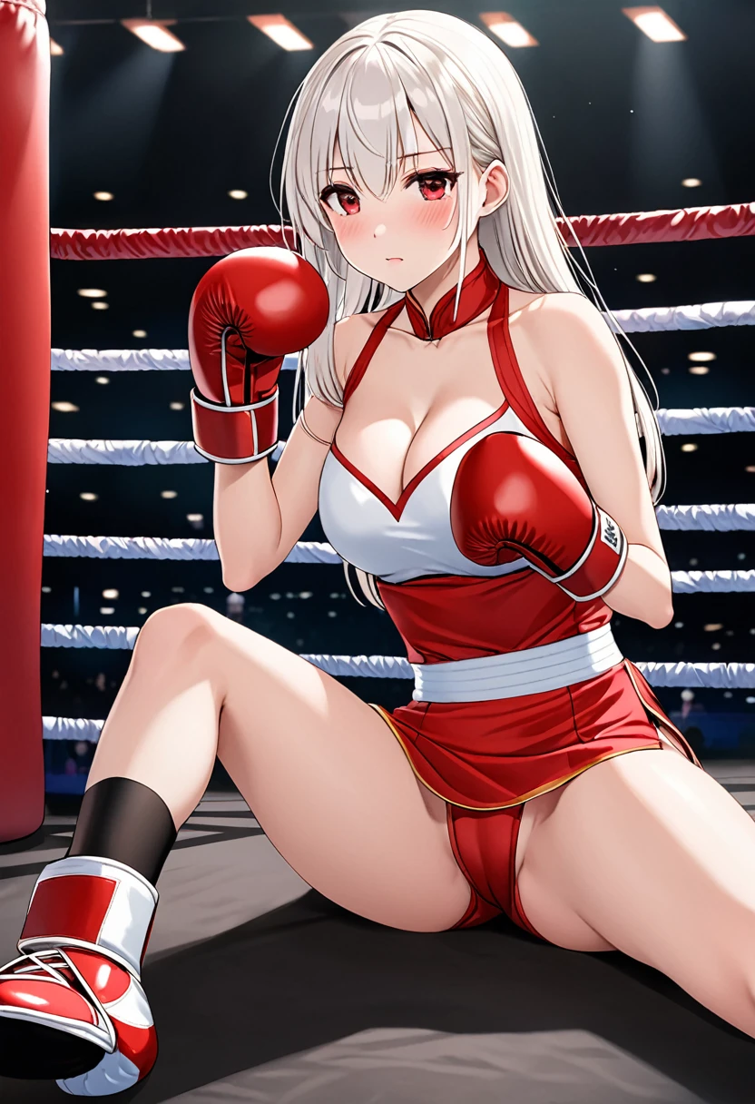 high quality, girl（28 years old）, White straight hair, Red Eyes, shy,blush,Wearing cheongsam, Wearing black suspender stockings，Wearing white boxing gloves, Hands in boxing gloves，Cleavage，Camel toe，Long legs，Thin waist，Sitting in the boxing ring with legs spread