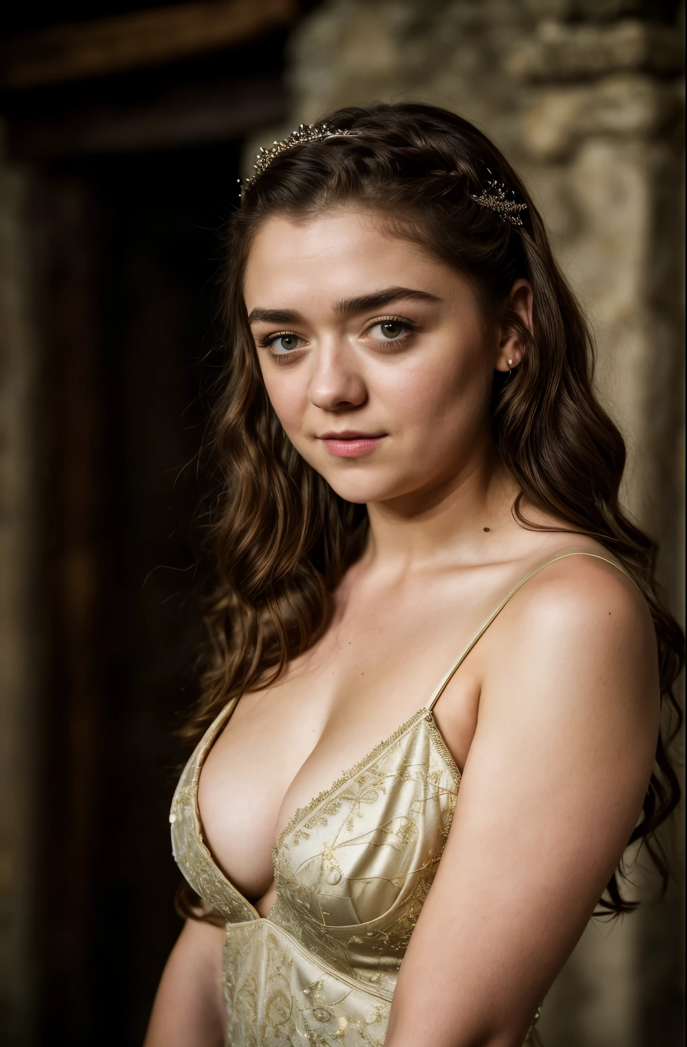 Foto RAW, Arya Stark, Stunning Beauty, Ravishing, Enchantress, Extremely gorgeous lady, Arya Stark PLAYED BY MAISIE WILLIAMS, Queen Arya Stark, she  a mature woman now, milf, sexy mediaeval battle dress, gladiator woman, body, 40 years old Woman, Roman slave dress, cotton dress, busty mediaeval costumes, body revealing costumes, perky breast, big natural breast, erotic costumes, lusty physique, seductive figure can capture every people's attention, Game of thrones costumes, revealing captivating figure, Mediaeval costumes, revealing clothes, A tomboy, she would rather fence than dance, warrior queen , game of thrones screen caps, Game of Thrones Series, (pele altamente detalhada: 1.2), 8k UHD, DSLR, soft-lighting, alta qualidade, grain of film, Fujifilm XT3, flawless picture, highly detailed, detailed Beauty, intricate, 32k, sharp picture,