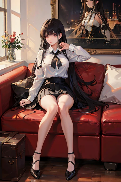 Italian girl, very long loose black hair, super mega gigantic breasts, white shirt, black pleated miniskirt, elegant shoes, slave's pussy, breasts tied together