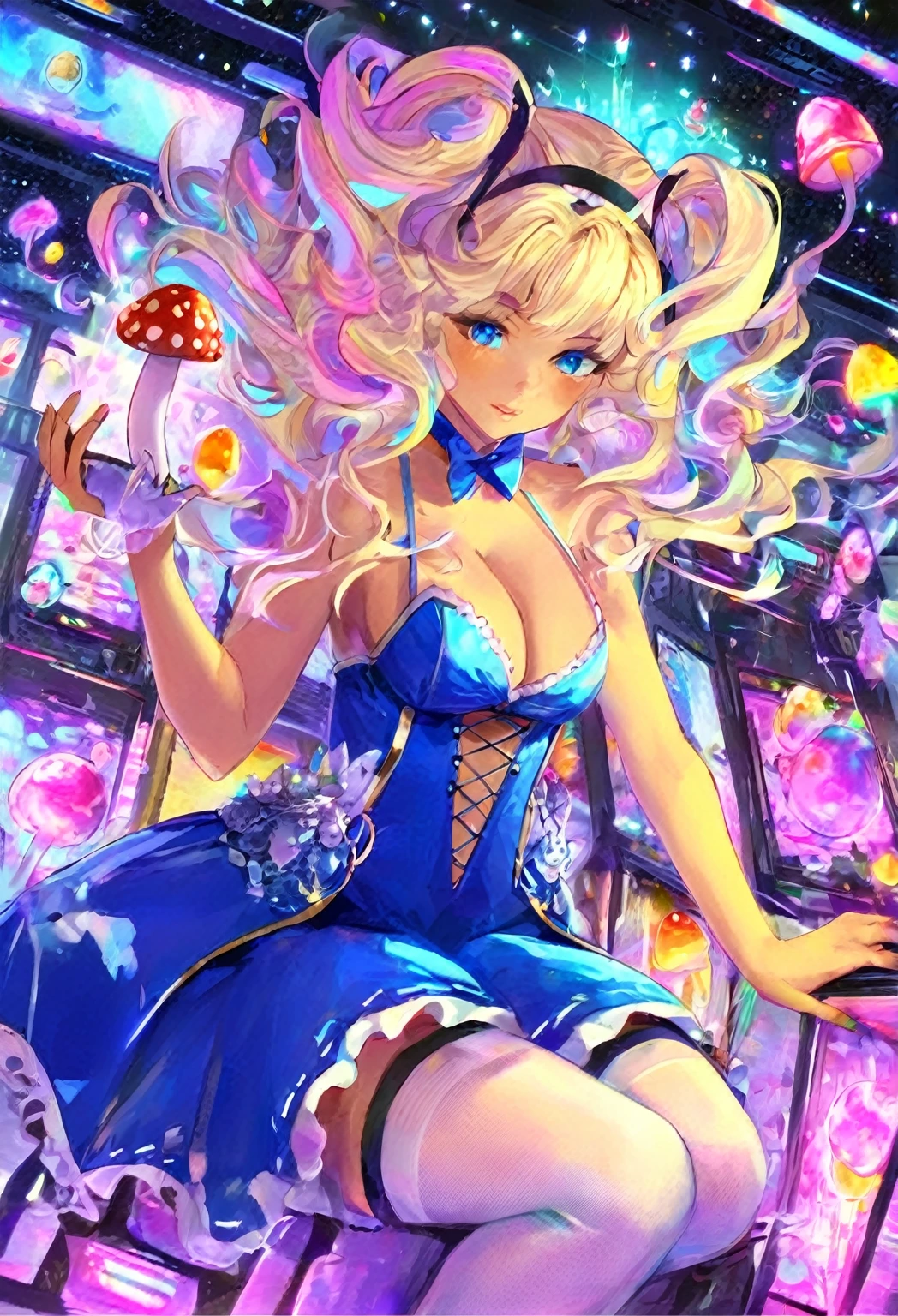 a beautiful 20 year old blonde woman with big messy hair in a blue dress, white stockings, black headband, cleavage, holding a glowing mushroom, fantasy art style, rossdraws cartoon vibrant, alice in wonderland cyberpunk, cute detailed digital art, colorfull digital fantasy art, digital fantasy art ), glossy digital painting, rossdraws pastel vibrant, rossdraws 2. 5, rossdraws 1. 0