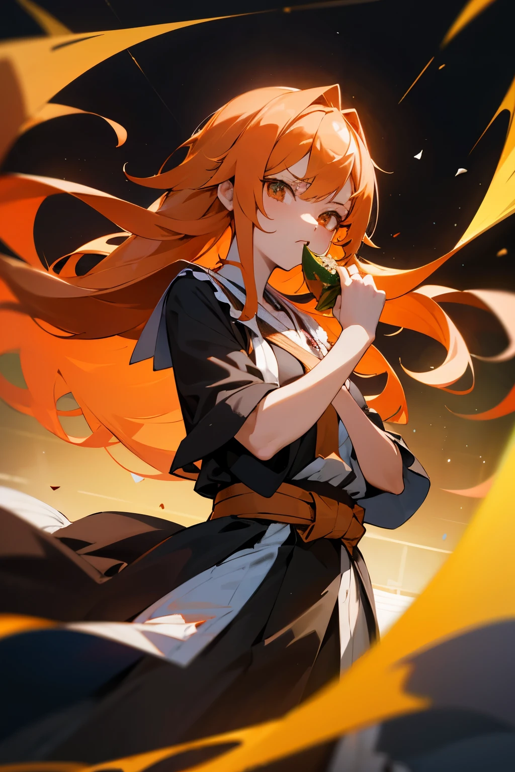 Anime Kuudere female exhibits signs of anger, her long orange hair now a wild mane, as she clutches chili peppers in her hand, clearly unsatisfied with the small gift before her. The scene unfolds in the Niji 6 universe, a digital art belonging to the Pixiv and Pixai communities, meticulously crafted with the capabilities of Unreal Engine 5. The high-definition image boasts a 24k quality and an Ultra High Definition (UHD) resolution of 3840 x 2160 pixels, presented in an aspect ratio of 3:2, showcasing the angry kuudere from various angles