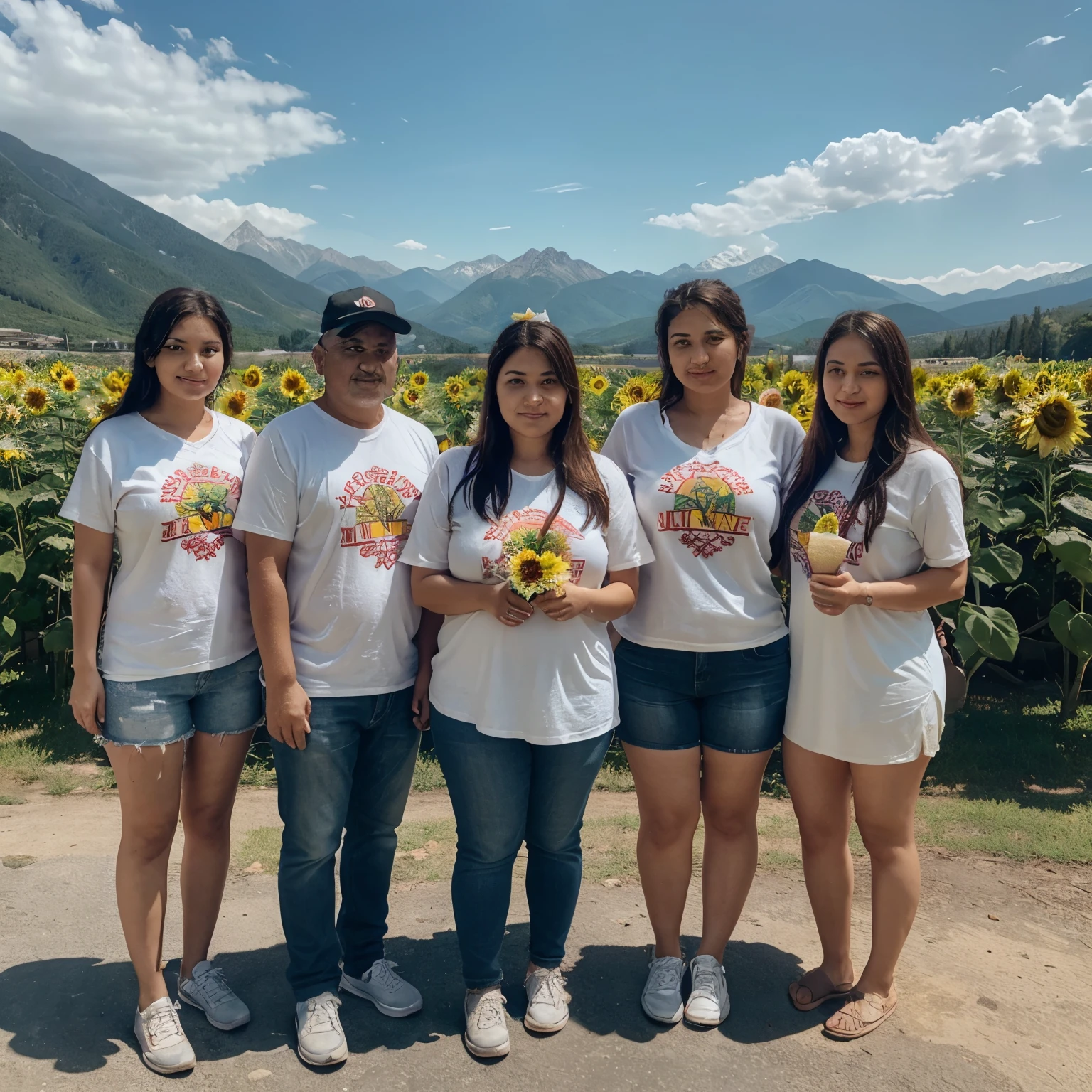 There was a chubby girl holding ice cream, mother holding a sunflower, father holding a red rose. As for the mother-in-law, she held a sign that said &quot;4J Gang&quot;. Everyone wore white shirts with the word 4J screen printed on their shirts. The background is surrounded by mountains and the sky is clear. 
