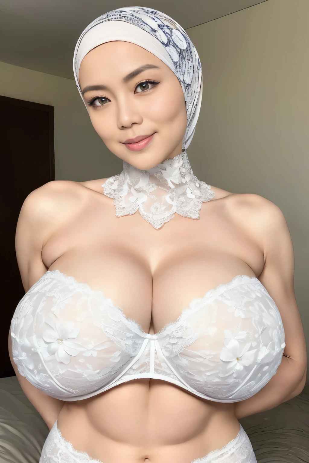 ((LONG HIJAB)), ((Gigantic tits:1.7)), (dynamic photograph of a 58 year old Indonesian woman), (slim top, cotton panties), (straight non curly hair), (highly detailed face:1.4), (vascular muscles and abs:1.3), (background inside light, bright, private gym:1.1), (8k, uhd, dslr, high quality, cinematic lighting, bokeh), (dramatic, award winning photography, incredible masterpiece:1.3), (((sexy sultry stare at camera:0.8))), ((she is ready to dominate you:0.5)), ((beautiful feminine face)), add_detail:1, (((wearing WHITE FLOWERS PATTERN LACE sleeping lingerie))), (((HUGE STRAPLESS BRA))), from behind view seductive pose 