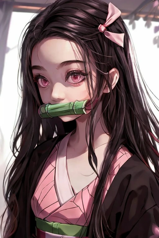 One girl, bamboo, bit gag, Black Hair, Checkerboard, Checkerboard heart, clavicle, amount, gag, gagged, Gradient Hair, hair ribbon, Haori, kimono, Kamado Nezuko, kimono, Long Hair, View your viewers, Hold your mouth, multicoloRedhead, heart, Open clothes, Pink Eyes, pink kimono, pink ribbon, Redhead, ribbon, sash, alone, very Long Hair