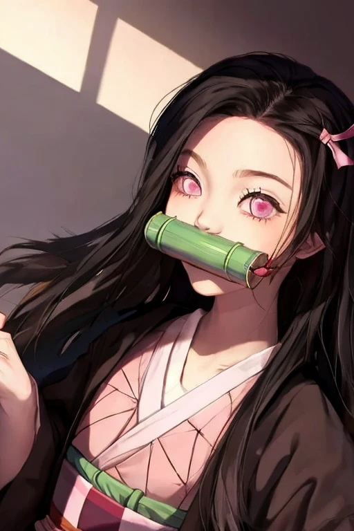 One girl, bamboo, bit gag, Black Hair, Checkerboard, Checkerboard heart, clavicle, amount, gag, gagged, Gradient Hair, hair ribbon, Haori, kimono, Kamado Nezuko, kimono, Long Hair, View your viewers, Hold your mouth, multicoloRedhead, heart, Open clothes, Pink Eyes, pink kimono, pink ribbon, Redhead, ribbon, sash, alone, very Long Hair