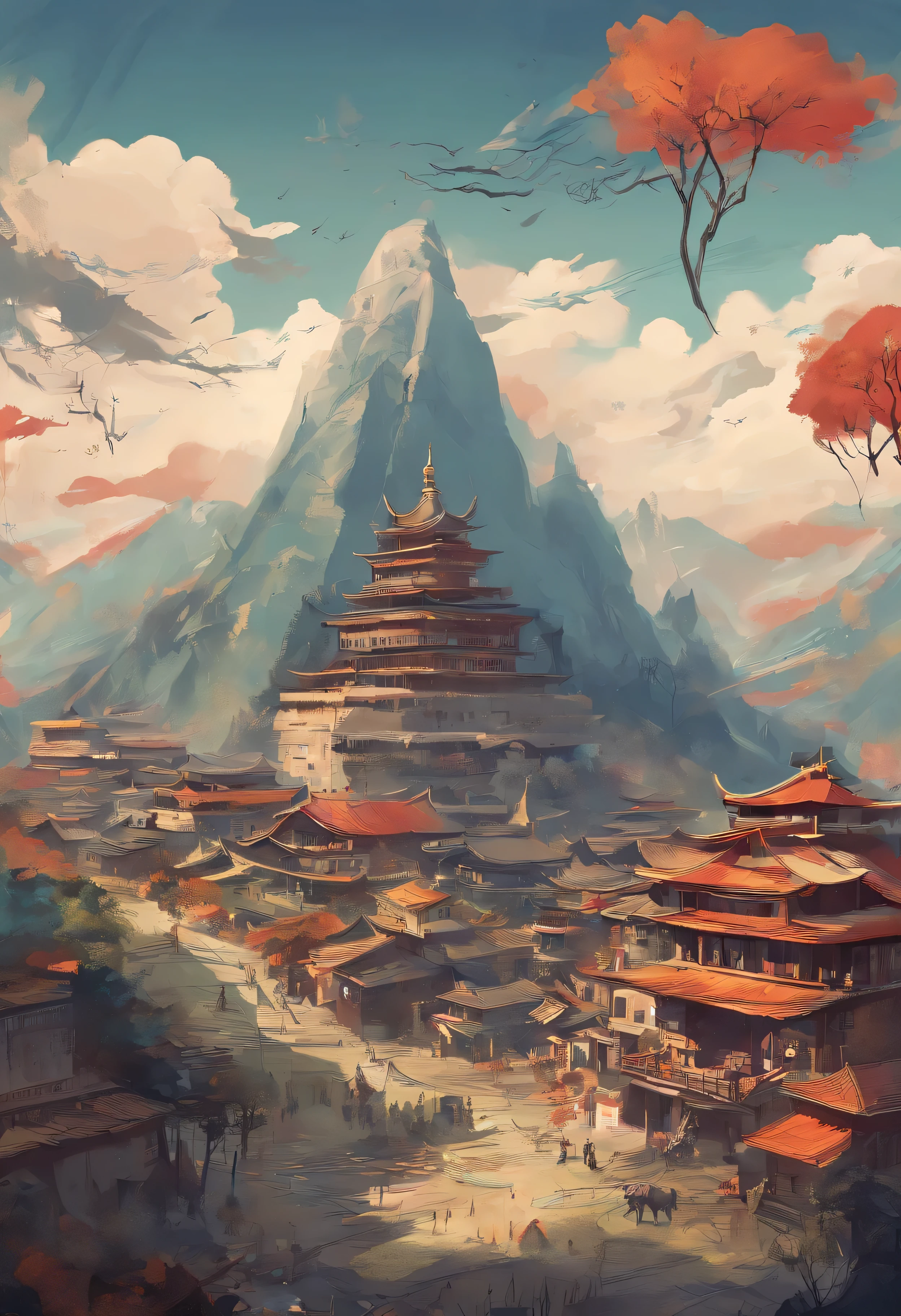 Ancient traditional culture and modern Day city village combine patterns, with mountain.