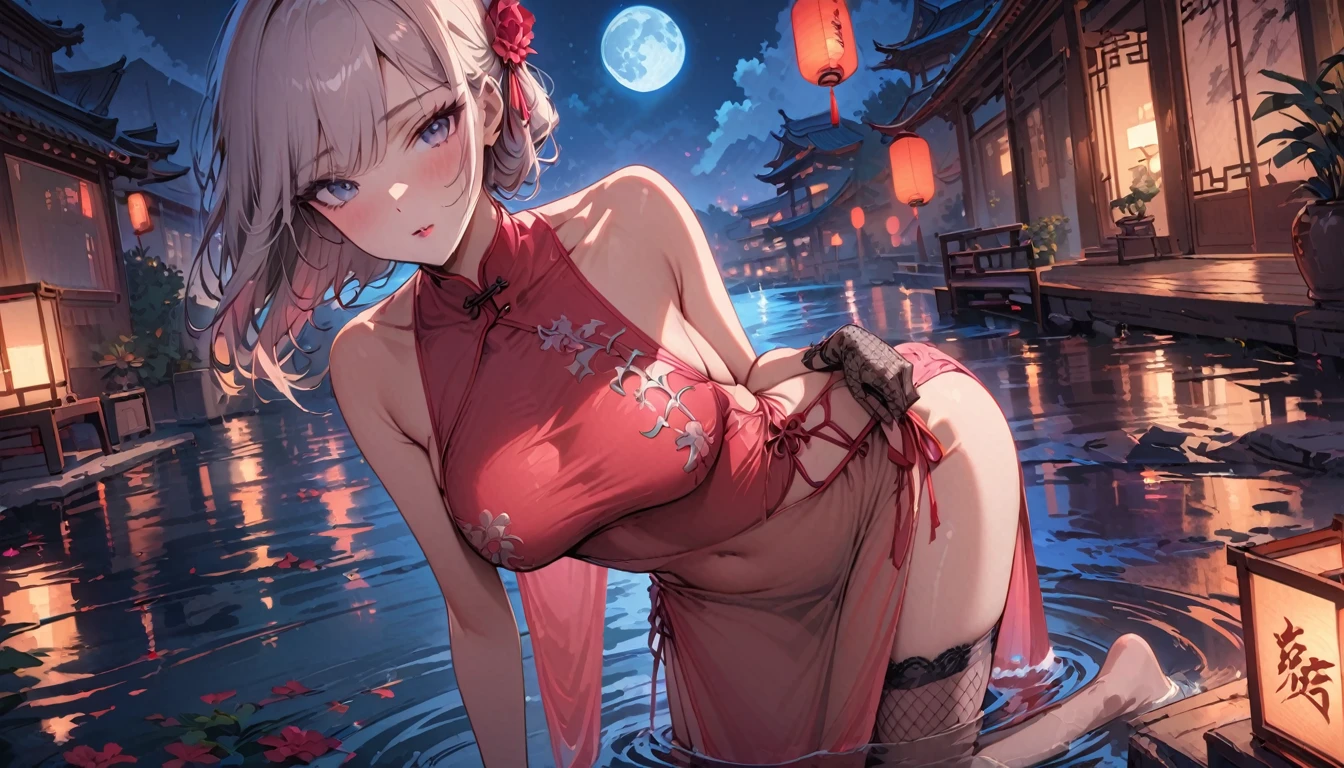 masterpiece, highres, the best, night, full moon, 1 adult woman, solo, standing in water, Chinese Architecture, cheongsam, white China lingerie, Royal sister, blushing, woman with long silver hair, light pink lips, fishnet stockings, calm, intellectuals, Three bangs, lace gloves, grey eyes, lake view, facial details, ((sfw)), 