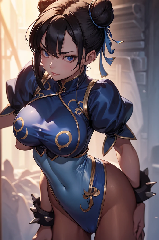 chun li,visto de cima,olhando de cima,olhando para cima,melhor qualidade,roupa azul,chun li,solo, masterpiece, best quality, agrias, grey sweater, black leotard, standing, looking at viewer, short hair,oculos,evil smile, evil look,luvas preta,roupa azul,yandere rosto,low lighting,coxa sarada copo detalhado,olhando para frente juri han,bela,mao detalhada