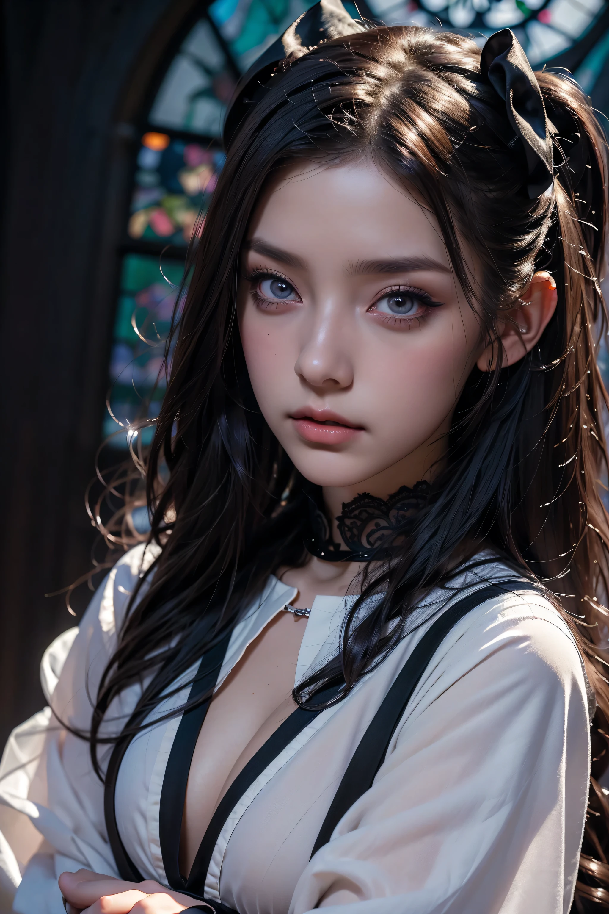 Beautiful 20 year old woman､ A peerless beauty, Extraordinary beauty, Enchanting,  Dark Gothic Makeup, Bell Sleeves、Wizard Sleeve, Black maid outfit、Dark Gothic、Long dresses、Gothic ta, garter belt、Knee-high socks、pantyhose, Black ribbon on twin tails、Black dark eyeshadow、Visual Lock、(the most absurd quality perfect eyes), ((natural super beautiful cute sharp-face)), (light pale complexion), ((clear no blur and sharp perfect round realistic brown_eyes:1.22)super detail), finely detailed pupils, detailed lips:1.3, realistic dull skin noise, visible skin detail, skin fuzz, dry skin, (blush:0.5), (Goosebumps:0.5), Subsurface scattering、Lace pink、Long Hair Straight Hair、Dark Gothic Makeup, Black hair color, Deep Night Sky, Inside the church, Stained Glass Background, masterpiece, 最high quality, high quality, High resolution, Gothic Loli(((Face close-up)))
