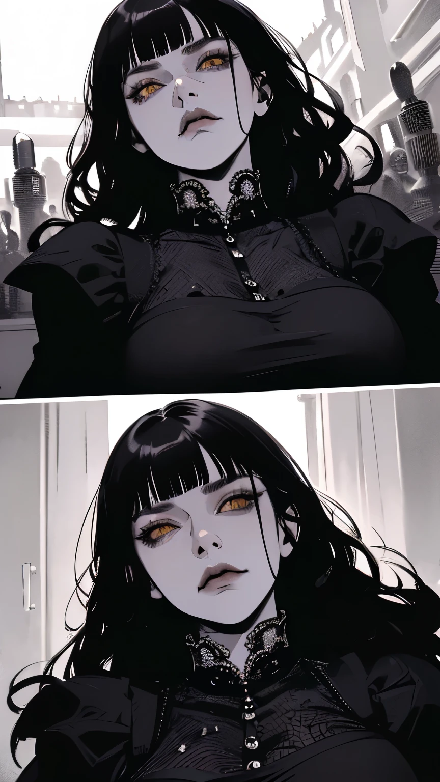 high detail, masterpiece, dramatic lighting(absurdres, highres, ultra detailed), extremely detailed CG unity 8k. mature face, adult woman, woman, mature woman, piercings, short wavy black hair and bangs, fangs, yellow eyes, black modest clothing, mad expression, full body, blood