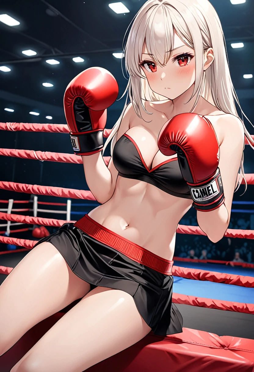 high quality, girl（28 years old）, White straight hair, Red Eyes, shy,blush,Wear strapless underwear，miniskirt, Black tights，Hands in boxing gloves，Cleavage，Camel toe，Long legs，Thin waist，Sitting in the boxing ring with legs spread