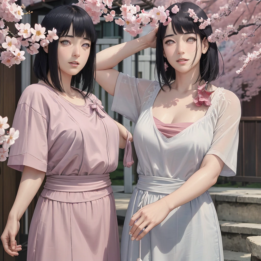 (Best Quality, 4K, 8K, HighRes, Masterpiece:1.2)
A mesmerizing collaborative piece featuring Hinata and Sakura, both portrayed in striking, photorealistic detail. Their eyes, brimming with beauty and emotion, are accentuated by long, lustrous lashes. Each delicate feature, from their lips to the curve of their noses, is rendered with extreme precision and realism.

(Ultra-Detailed, Realistic, Photorealistic, Photo-Realistic:1.37)
The breeze rustles the cherry blossoms, casting a pink color palette over the sensual scene. The girls