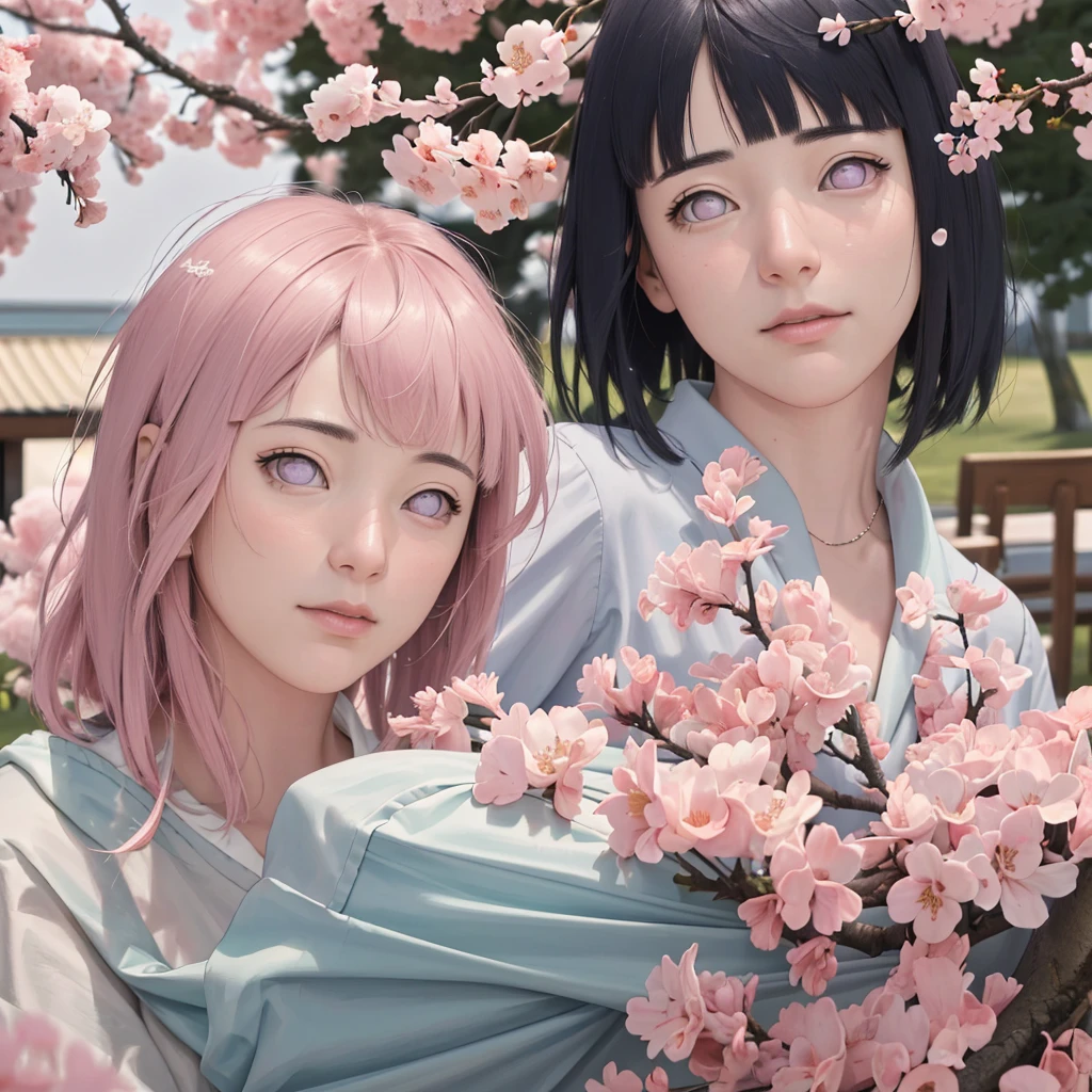 (Best Quality, 4K, 8K, HighRes, Masterpiece:1.2)
A mesmerizing collaborative piece featuring Hinata and Sakura, both portrayed in striking, photorealistic detail. Their eyes, brimming with beauty and emotion, are accentuated by long, lustrous lashes. Each delicate feature, from their lips to the curve of their noses, is rendered with extreme precision and realism.
(Ultra-Detailed, Realistic, Photorealistic, Photo-Realistic:1.37)
The breeze rustles the cherry blossoms, casting a pink color palette over the sensual scene. The girls
