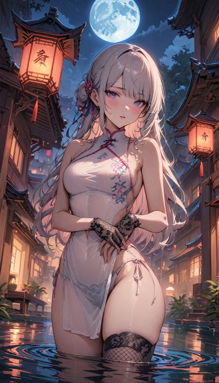 masterpiece, highres, the best, night, full moon, 1 adult woman, solo, standing in water, Chinese Architecture, cheongsam, white China lingerie, Royal sister, blushing, woman with long silver hair, light pink lips, fishnet stockings, calm, intellectuals, Three bangs, lace gloves, grey eyes, lake view, facial details, ((sfw)),