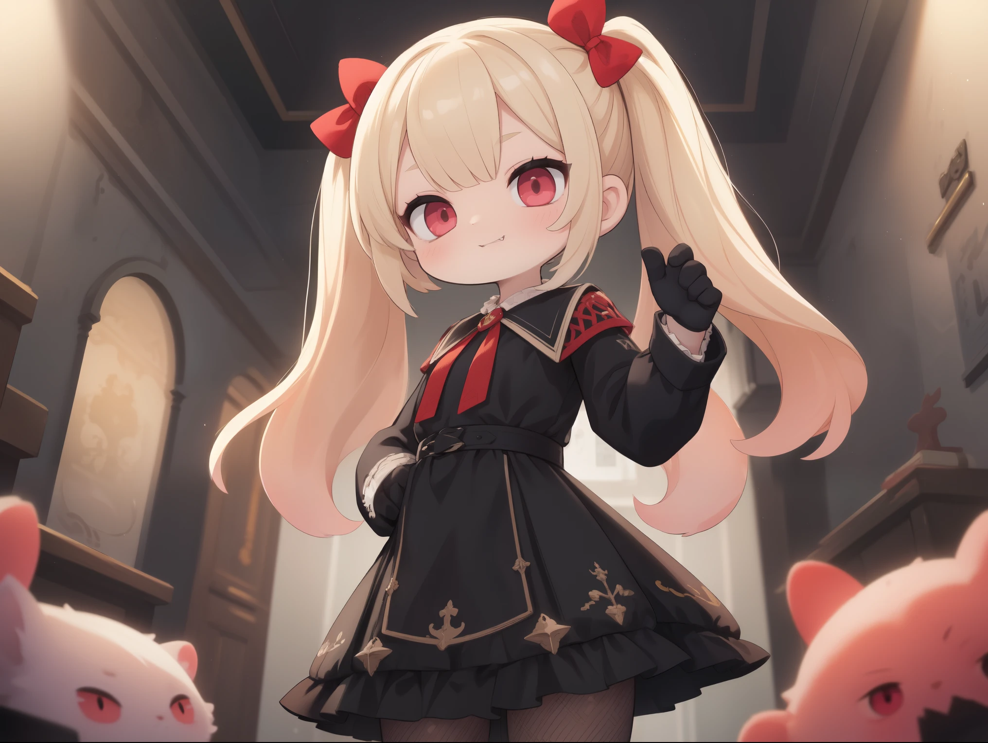 ((li)), ((ch, ((petite)flat chest, standing, solo, long messy twintails, blonde hair, red eyes, fangs, (fancy black/red vampire dress), ((smug)), short black skirt, black leggings, fishnets, ((dark dungeon)), ((dynamic pose)), looking at viewer, cinematic lighting, volume lighting, bright tone, warm color, colorful, masterpiece, super detail, high quality, best quality, highres, 16k,