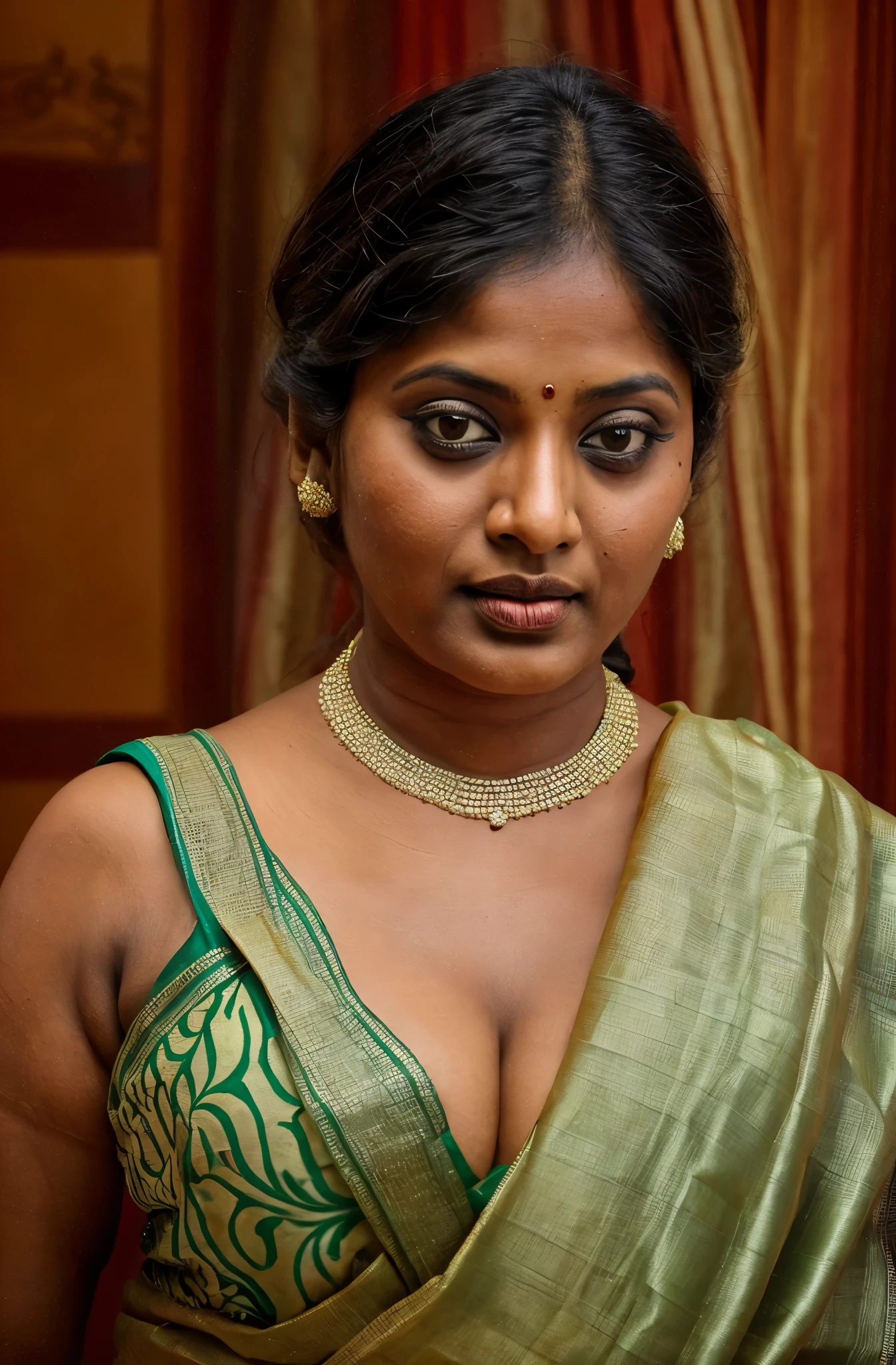 Looks like Indian Actress Ester Noronha, An Extremely gorgeous and beautiful Bengali village woman, 45 yo, pale white skin, sensual appealing body, perfect thick and chubby Beauty, wearing saree bare-chested, wearing a Bengali-style saree without a blouse,, ethnic vintage bengali village woman, bengali style saree, The sari was worn without a blouse and petticoat before the British Raj, baring one's chest or being blouseless,  Bengalis a.k.a. Bongs are known for their unique Bengali fashion sense (the way they don that sari makes you go wow), Pre British Raj, Pre colonial era, Bengali Woman draping sari without blouse is a normal thing in pre British Era, bong woman, wearing kajal or kohl or kajol in eyes, 