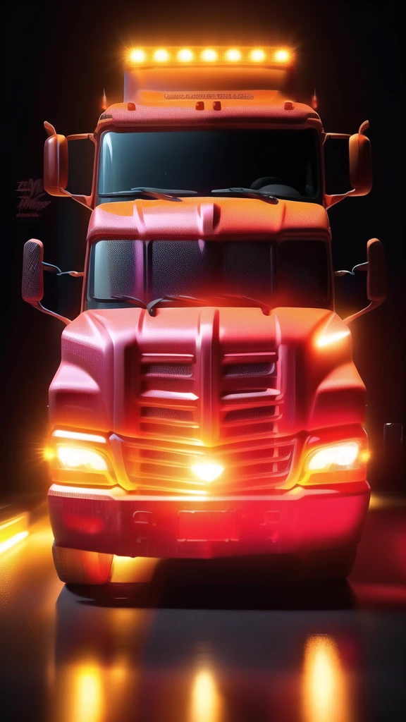 (masterpiece, best quality:1.1), " Truckers Rule ", (clear candy:1.1), 3d, gummy, amber red theme, (18-wheeler big truck:1.05), no humans, 18-wheeler big truck, sugar art, glowing, English Text watermark: "TruckersRule", Signature: " TruckersRule ", Artists Name: TruckersRule