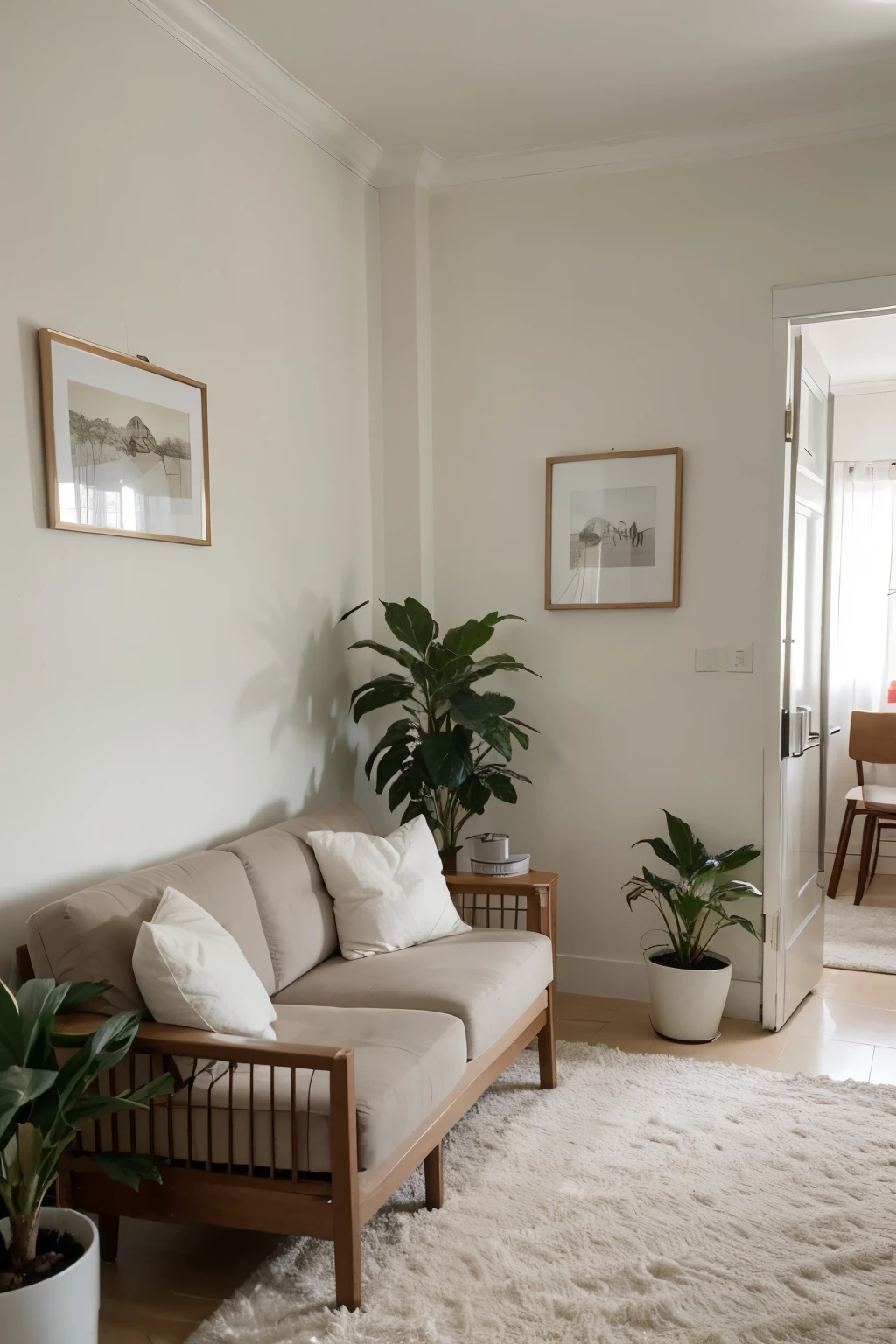 imagine e crie um ambiente minimalista de sala de estar, com um sofa de 2 lugares de tecido branco, parede ao fundo de cor branca e sem detalhes, teto de cimento cru, piso de porcelanato, on the wall next to the sofa is a very large glass door reflecting the lighting into the living room, next to the sofa a wood-colored plant pot with a large green plant, uma mesa de centro com tampo de vidro branco e pernas de metal, com livros em cima