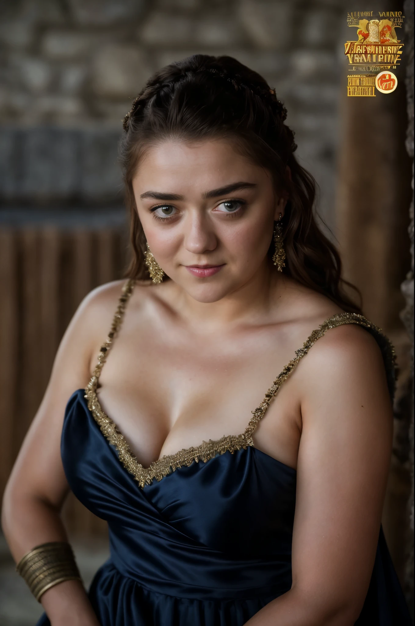 Foto RAW, Arya Stark, Stunning Beauty, Ravishing, Enchantress, Extremely gorgeous lady, Arya Stark PLAYED BY MAISIE WILLIAMS, Queen Arya Stark, she  a mature woman now, milf, sexy mediaeval battle dress, gladiator woman, body, 40 years old Woman, Roman slave dress, cotton dress, busty mediaeval costumes, body revealing costumes, perky breast, big natural breast, erotic costumes, lusty physique, seductive figure can capture every people's attention, Game of thrones costumes, revealing captivating figure, Mediaeval costumes, revealing clothes, A tomboy, she would rather fence than dance, warrior queen , game of thrones screen caps, Game of Thrones Series, (pele altamente detalhada: 1.2), 8k UHD, DSLR, soft-lighting, alta qualidade, grain of film, Fujifilm XT3, flawless picture, highly detailed, detailed Beauty, intricate, 32k, sharp picture,