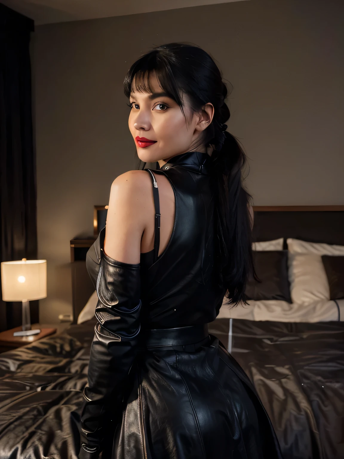 proFessional portrait photograph oF a gorgeous smiling Bettie page girl in winter clothing ,ponytail Black hair, red lipstick,black long maxi-skirt(black long maxi-skirt:1.2),sultry Flirty look, gorgeous symmetrical Face, joli maquillage naturel, wearing elegant warm winter Fashion clothing,flirting with the camera, ((black leather gloves)), ((lying on my bed in front of me in my dark hotel room giving me her back needing love)), ultra realistic, art conceptuel, elegant, Very detailed, complexe, sharp Focus, depth oF Field, F/1. 8, 85mm, (((proFessionally color graded))), bright soFt diFFused light, (volumetric Fog), tendance sur Instagram, hdr 4k, 8K