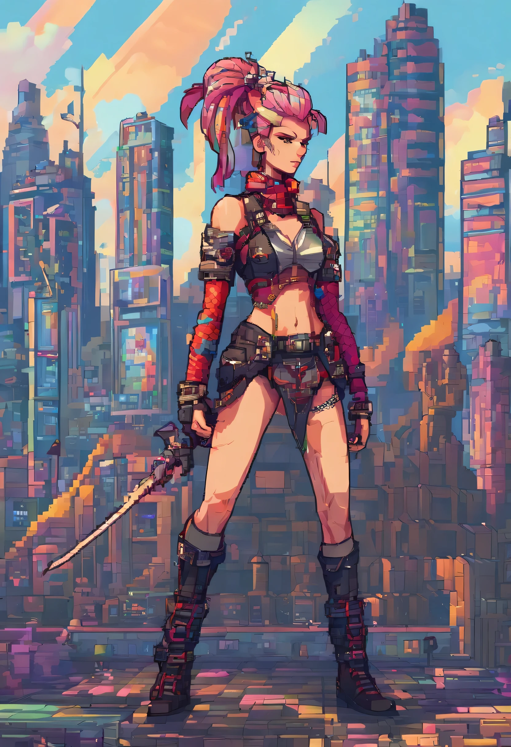 best quality, super fine, 16k, incredibly absurdres, extremely detailed, delicate and dynamic, beautiful female warrior, rainbow braided ponytail, cool and attractive look, metallic red eyes, amazing proportions, translucent iridescent reinforced bodysuit, (future punk, background ruined city:1.4)