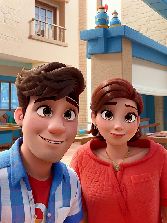 Casal (homem moreno e mulher branca) no estilo Disney Pixar, alta qualidade, melhor qualidade.