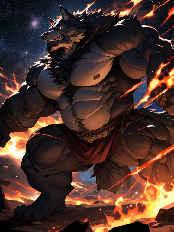 (best quality,4k,8k,highres,masterpiece:1.2),ultra-detailed,realistic:1.37,solo,1boy,Huge Muscular Old man( furry wolf),angry,VFX light particles, pectoral,huge pectoral,wide pectoral,muscle gut,long dark fur,bearded,dark background,intense expression,dynamic pose,epic battle scene,glowing eyes,dark side energy,dramatic lighting,dramatic shadows,intense color contrast,intense muscle definition,battle scars,fierce determination,aged warrior-like appearance,dramatic visual effects,intense energy release,fiery aura,iconic starry galaxy backdrop.