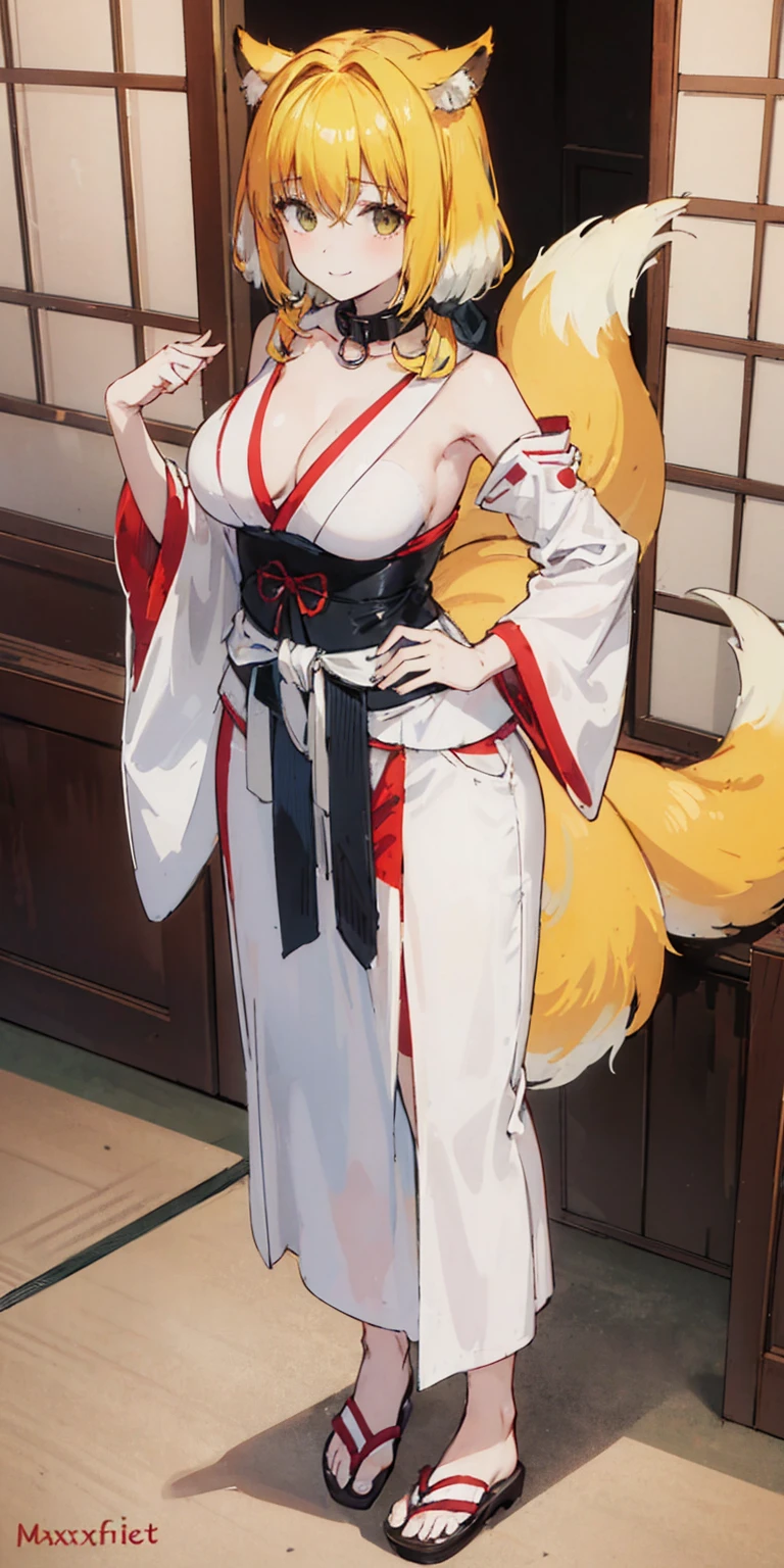 ((4k,masterpiece,best quality)) shuimobysim, traditional Japanese temple ink painting, lotus, hanfu, maxiskit, dress conservatively, 1sologirl, blonde hair, fox fluffy ears, white, fish, many fish near girl, full body look at viewer, lustful smile, red cheeks, hands clenching fists on hips waist, leather corset, leather saddle, leather collar