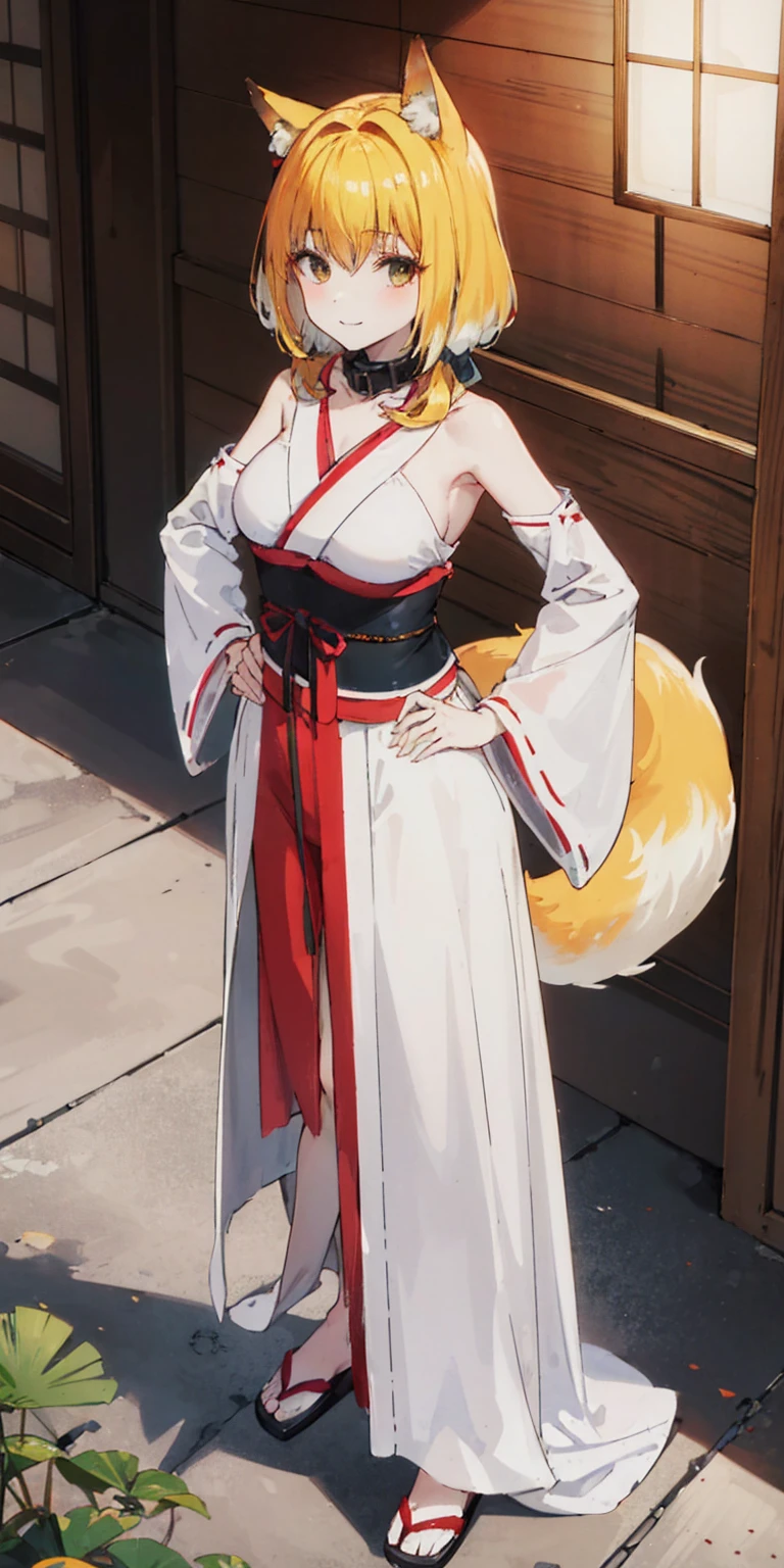 ((4k,masterpiece,best quality)) shuimobysim, traditional Japanese temple ink painting, lotus, hanfu, maxiskit, dress conservatively, 1sologirl, blonde hair, fox fluffy ears, white, fish, many fish near girl, full body look at viewer, lustful smile, red cheeks, hands clenching fists on hips waist, leather corset, leather saddle, leather collar
