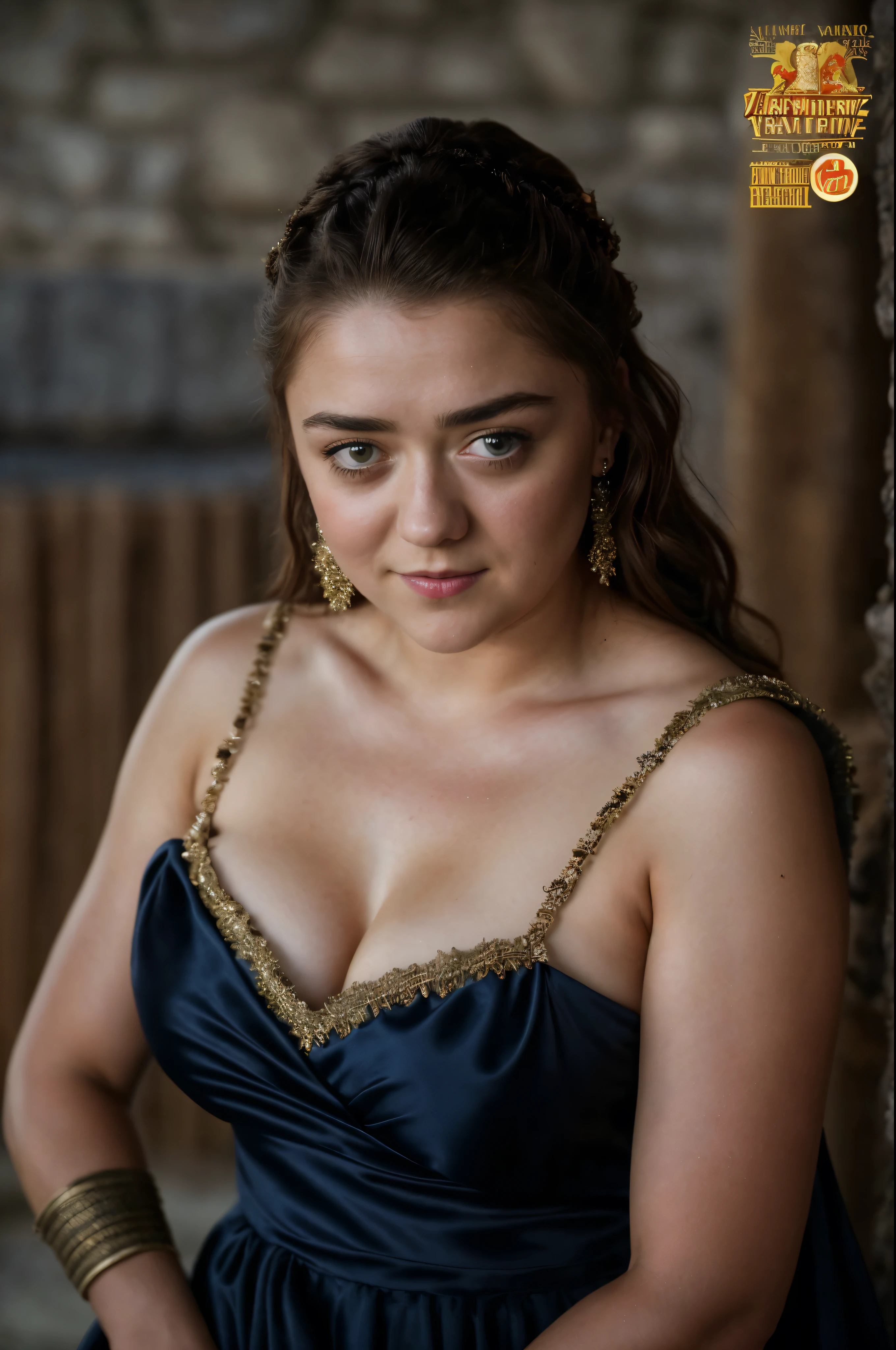 Foto RAW, Arya Stark, Stunning Beauty, Ravishing, Enchantress, Extremely gorgeous lady, Arya Stark PLAYED BY MAISIE WILLIAMS, Queen Arya Stark, she  a mature woman now, milf, sexy mediaeval battle dress, gladiator woman, body, 40 years old Woman, Roman slave dress, cotton dress, busty mediaeval costumes, body revealing costumes, perky breast, big natural breast, erotic costumes, lusty physique, seductive figure can capture every people's attention, Game of thrones costumes, revealing captivating figure, Mediaeval costumes, revealing clothes, A tomboy, she would rather fence than dance, warrior queen , game of thrones screen caps, Game of Thrones Series, (pele altamente detalhada: 1.2), 8k UHD, DSLR, soft-lighting, alta qualidade, grain of film, Fujifilm XT3, flawless picture, highly detailed, detailed Beauty, intricate, 32k, sharp picture,