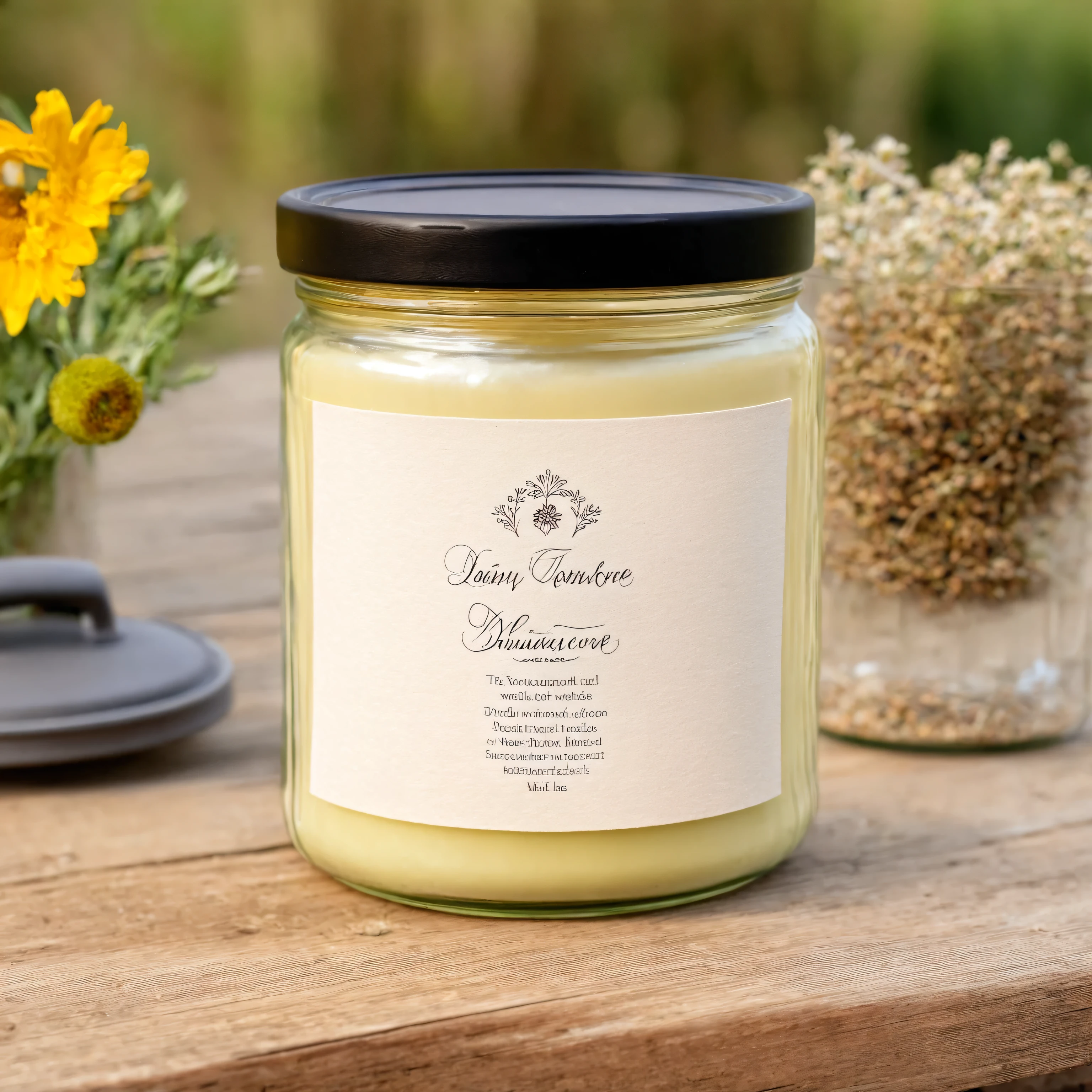 candle in a jar with empty label, and black lid, standing on a rustic table, product presentation, wooden table in a cottagecore environment, british country style, blurry background, earthy colors, flowers on the table, daylight