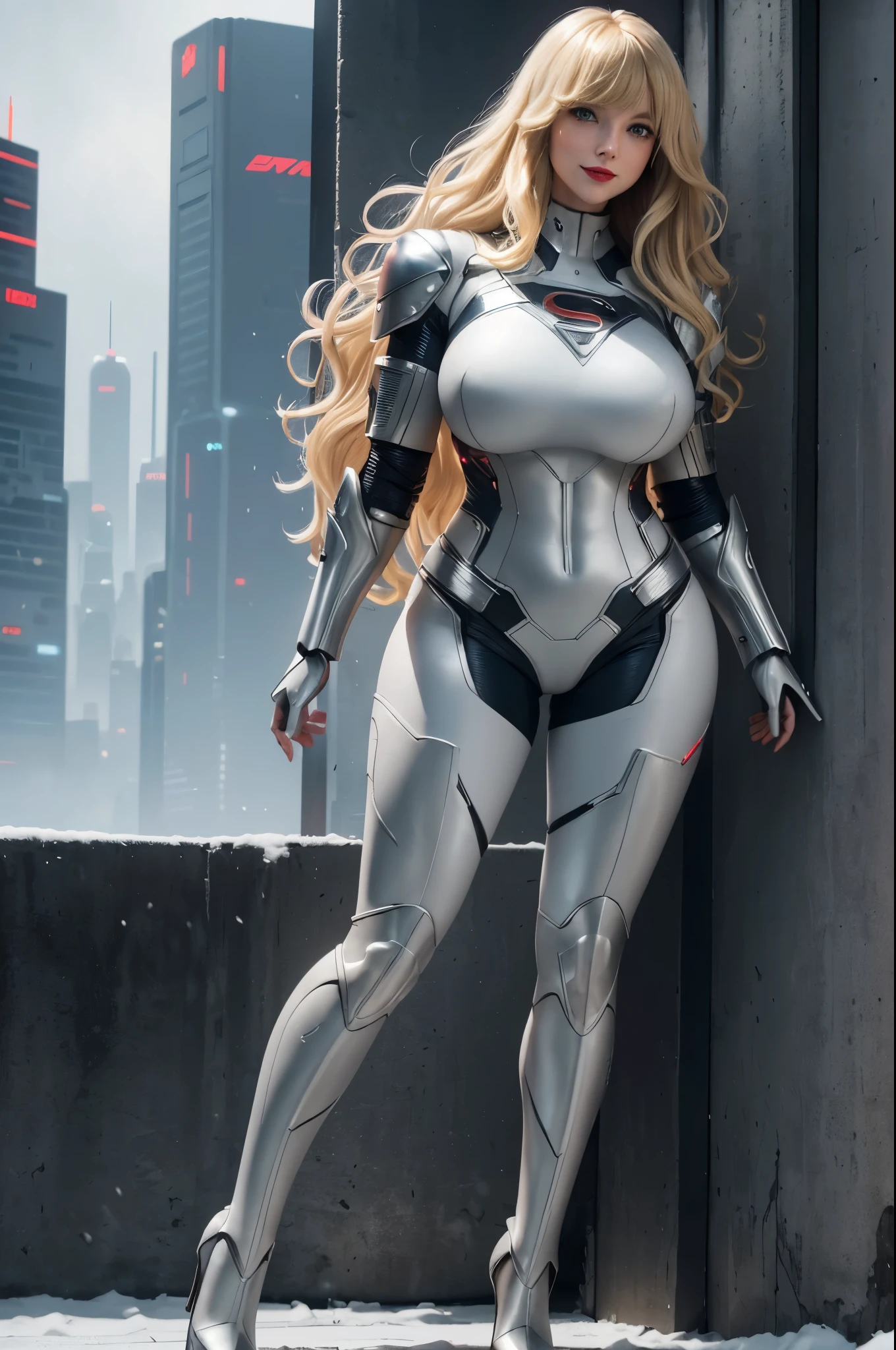 Supergirl, 29 years old, ((( Taylor Swift:Emma Stone:0.7))) full body shot, Beautiful woman (((long wavy blonde hair)))(bangs:1.2) defined body, Red lipstick, smiling slightly, hands free, standing, (( white, light grey, dark grey cyberpunk style futuristic armor with matching heels)), snow covered field, daytime (huge_breasts:1.3) (curvy:1.2)(chubby:1.1)