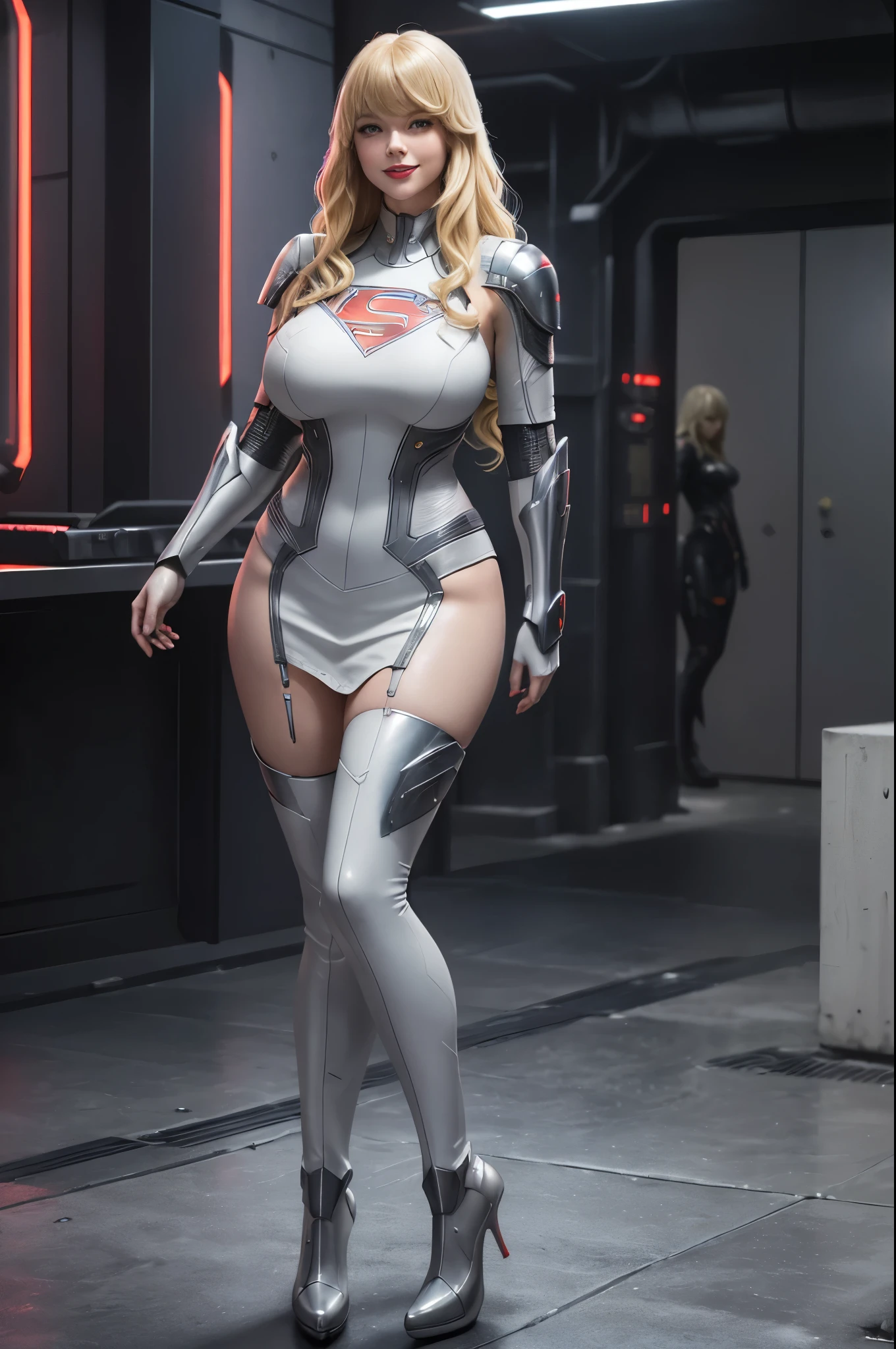 Supergirl, 29 years old, ((( Taylor Swift:Emma Stone:0.7))) full body shot, Beautiful woman (((long wavy blonde hair)))(bangs:1.2) defined body, Red lipstick, smiling slightly, hands free, standing, (( white, light grey, dark grey cyberpunk style futuristic armor with matching heels)), snow covered field, daytime (huge_breasts:1.3) (curvy:1.2)(chubby:1.1)