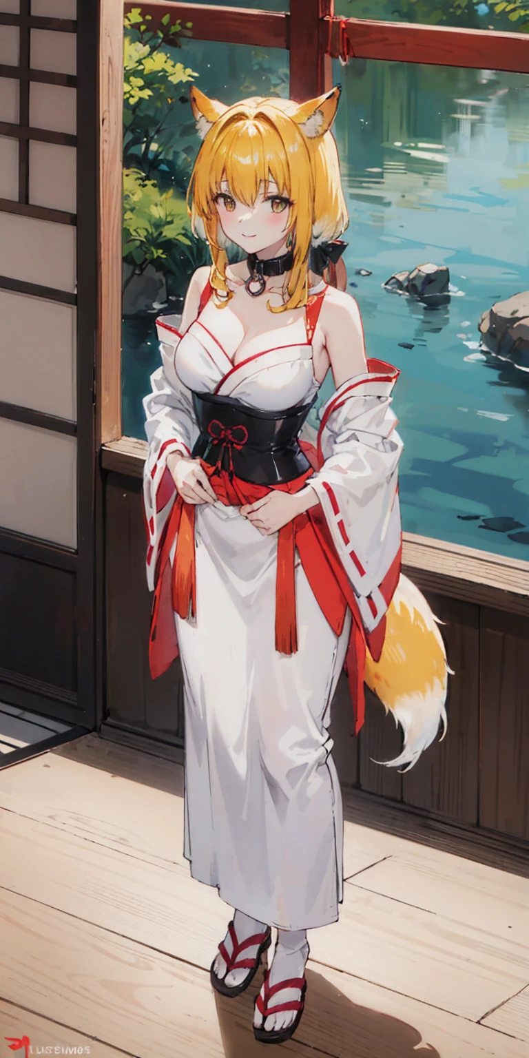 Roxanne ((4k,masterpiece,best quality)) shuimobysim, traditional Japanese temple ink painting, lotus, hanfu, maxiskit, dress conservatively, 1sologirl, blonde hair, fox fluffy ears, white, fish, many fish near girl, full body look at viewer, lustful smile, red cheeks, hands clenching fists on hips waist, leather corset, leather saddle, leather collar