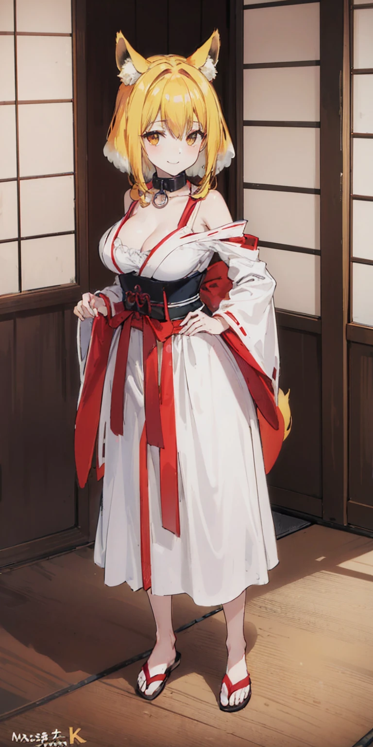 Roxanne ((4k,masterpiece,best quality)) shuimobysim, traditional Japanese temple ink painting, lotus, hanfu, maxiskit, dress conservatively, 1sologirl, blonde hair, fox fluffy ears, white, fish, many fish near girl, full body look at viewer, lustful smile, red cheeks, hands clenching fists on hips waist, leather corset, leather saddle, leather collar
