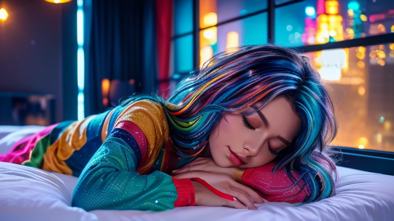 (highest quality,8k,Very detailed:1.2),(CG,CG Art,3D Rendering),(masterpiece:1.2),（Crawling on the table），（Sexy clothes），(Cinema Lighting,Futuristic),(Woman lying in bed,Sleep,close your eyes),(The big window behind her,quiet night),(Colorful Hair:1.5)