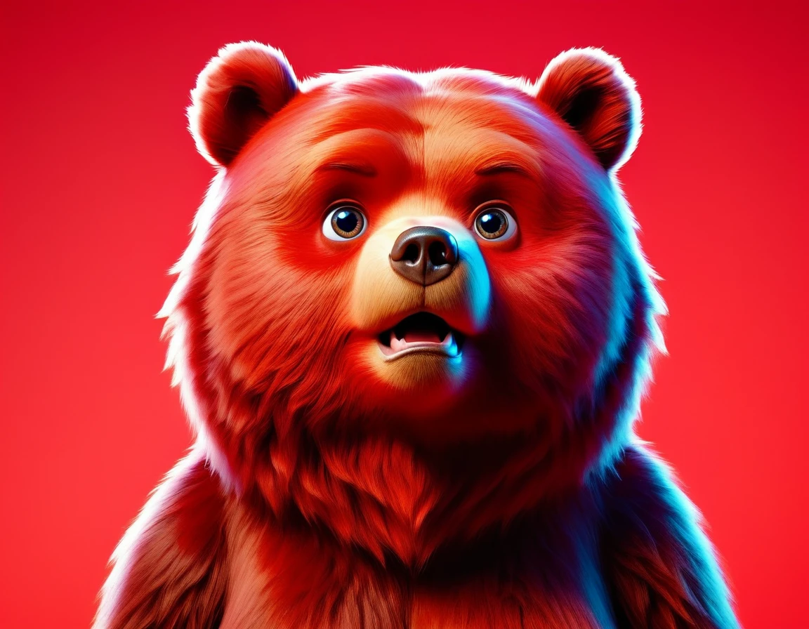 A red bear on a red background. The bear looks confused about something and think about something. The bear should look like from a movie for kids