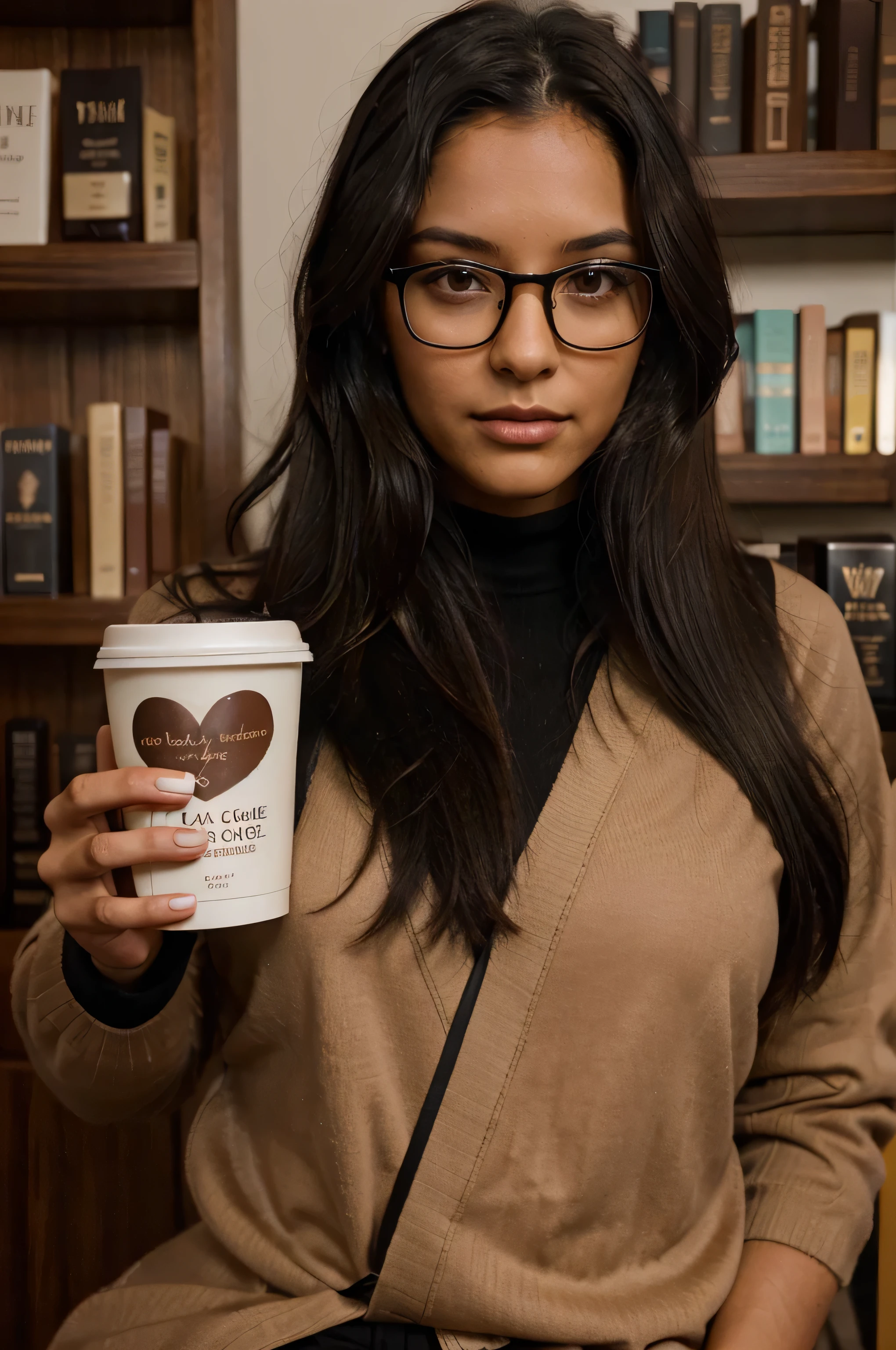 A tan woman with black long hair and brown eyes who looks attractive. Witt dark academia aesthetic reading a book and has coffee and chocolate biscuits. Have her wear black reading glasses.