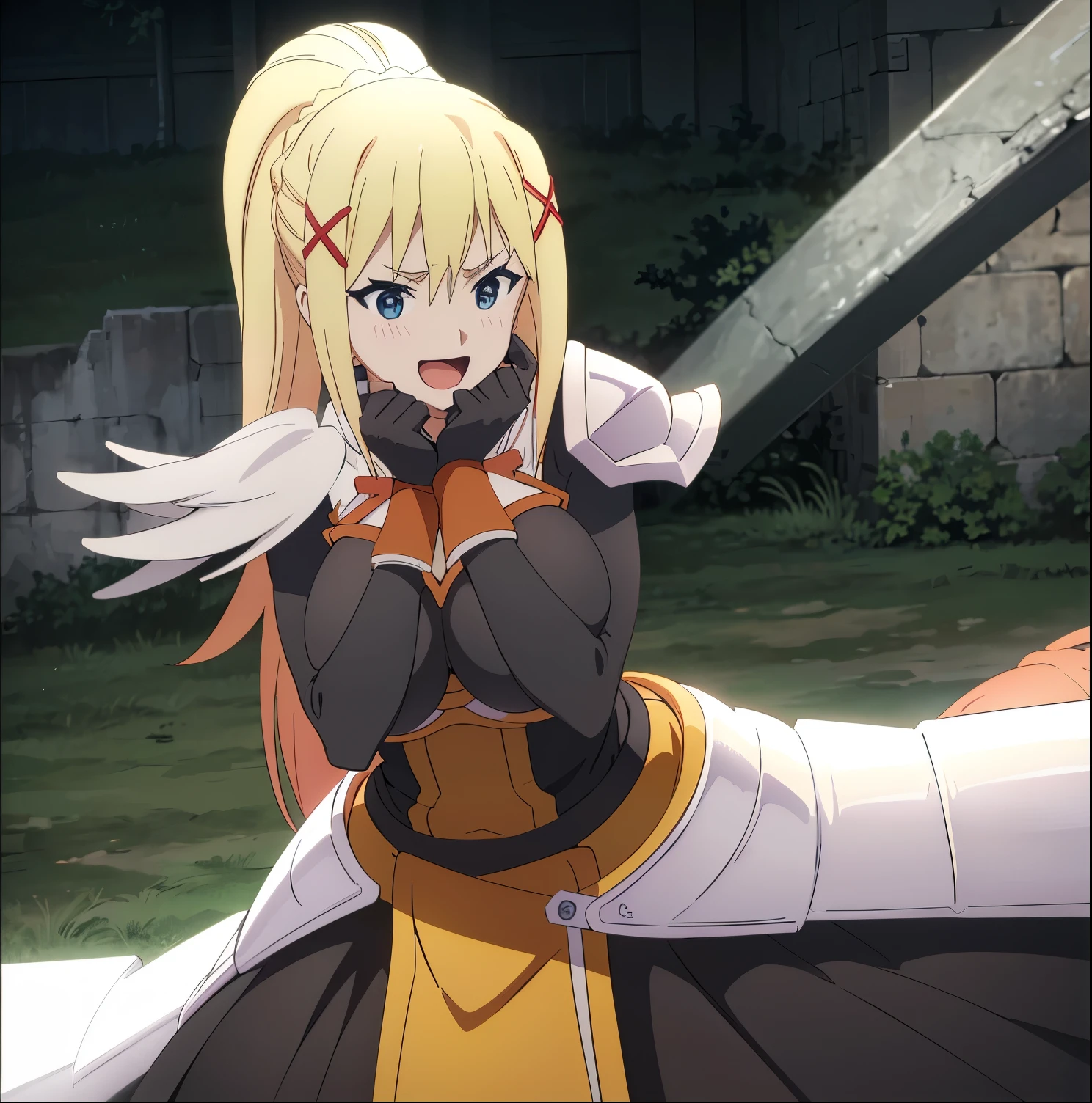 1 girl, alone, brunette, blonde hair, x hair ornament, :D, ponytail, blue eyes, huge breasts, medium waist, wide hips, big thighs, round ass, full body, happy, saliva, hands on face, braid, ponytail, x hair ornament, heart-shaped pupils, armored dress, shoulder armor, cuirass, jumpsuit, black gloves, outdoors, looking at viewer, head-on, point of view (from below), absurd, masterpiece, ultra details, best quality, HD, big hips, excited, sexy, sexy poses, perfect hands, perfect anatomy.